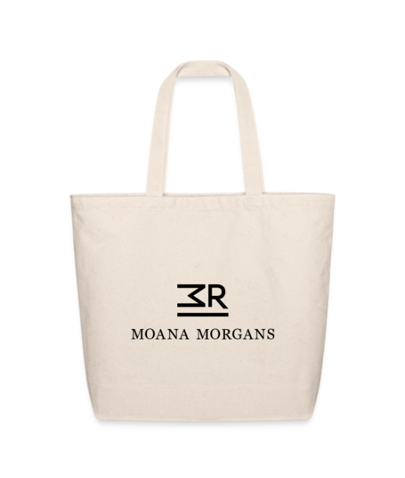Cream-colored tote bag with a black logo and text that reads "MOANA MORGANS".