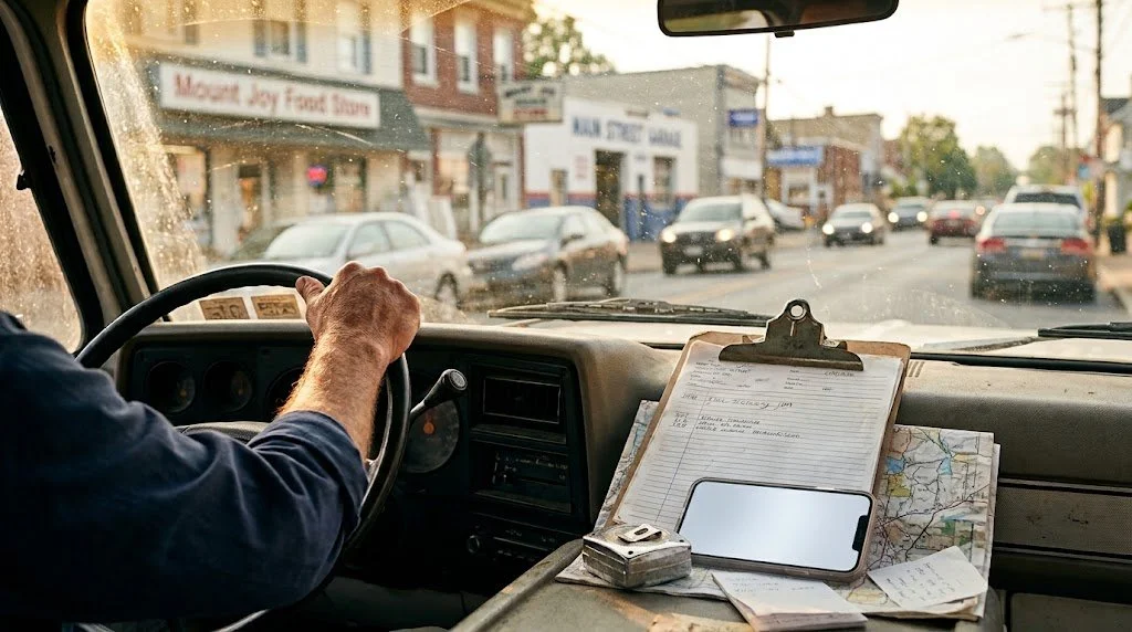 Driver's view through a truck windshield on a small-town Main Street, with a clipboard and phone on the dashboard.
