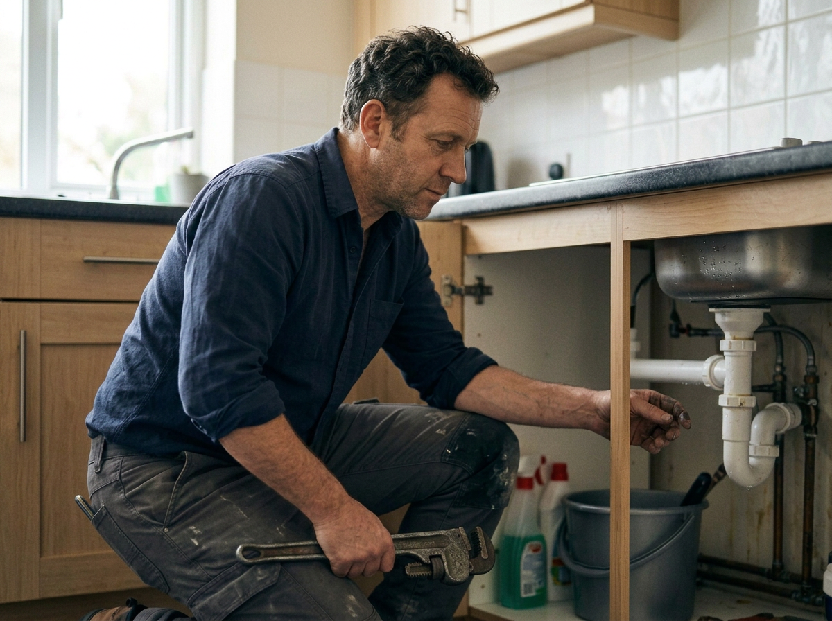 A plumber fixing a kitchen sink under the countertop, holding a pipe wrench.