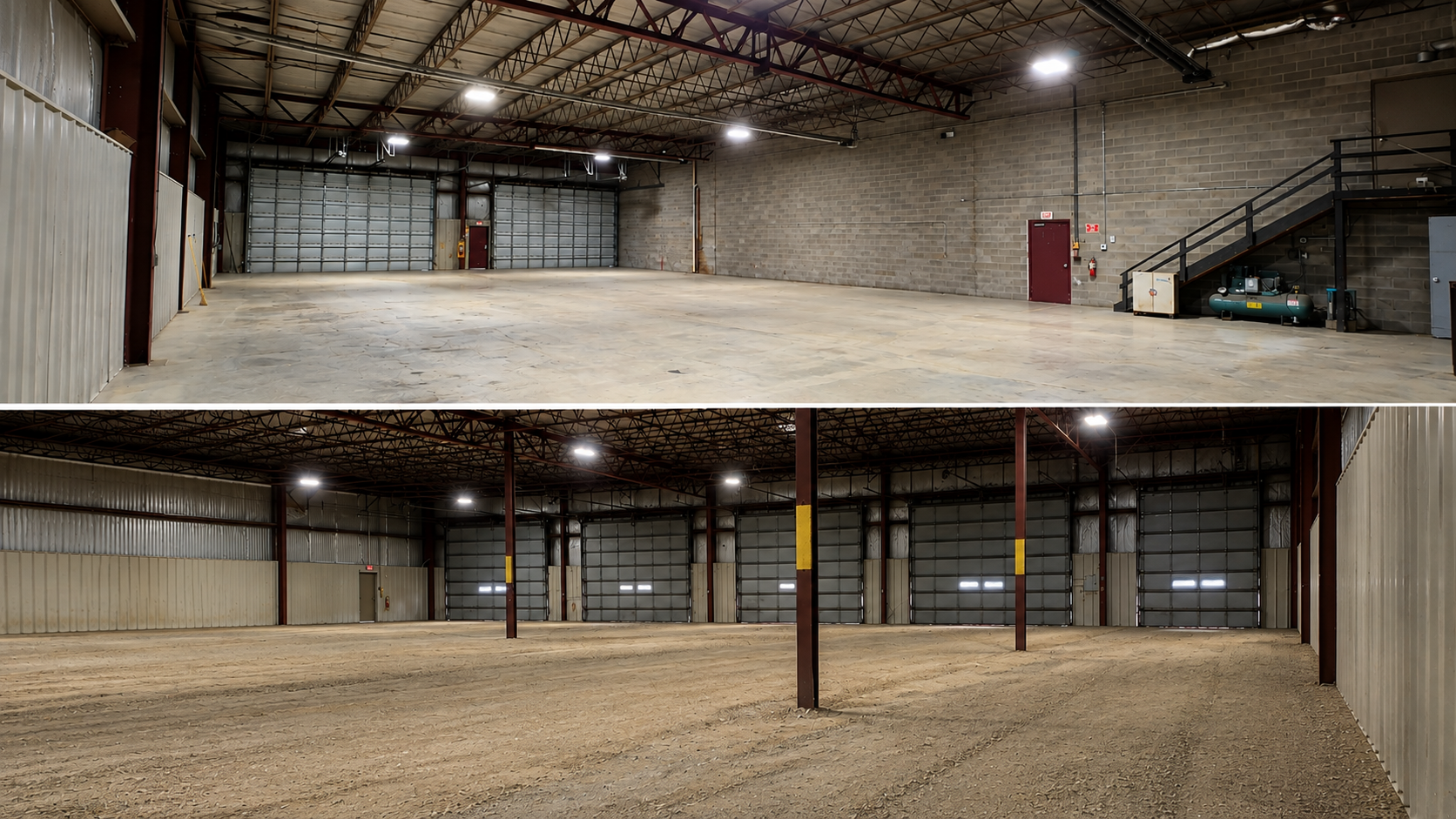 Interior views of heated concrete-floor and unheated gravel-floor indoor boat and RV storage at 714 Bench in Red Wing, Minnesota.