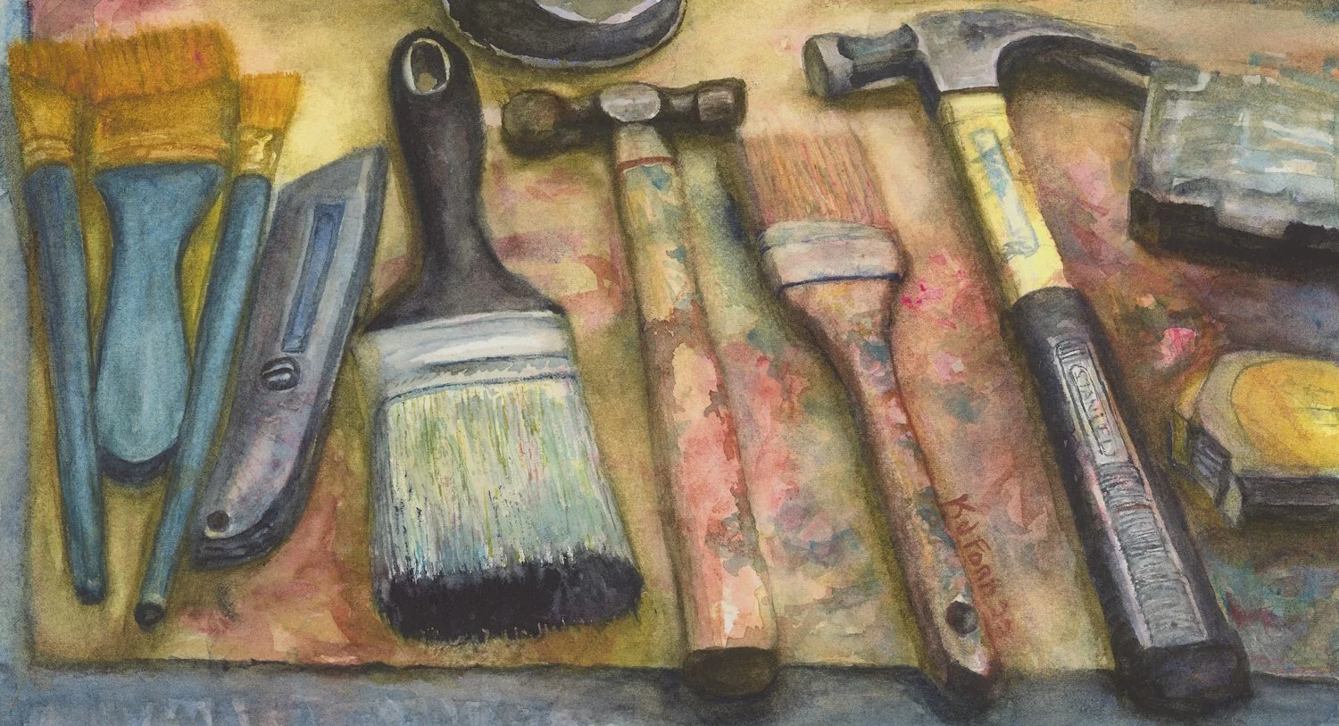 Watercolor of well-used paintbrushes, hammers, and hand tools arranged across a worn workbench.