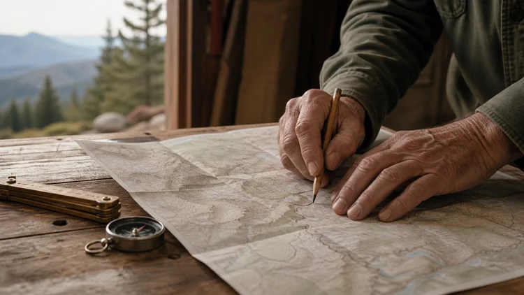 Illustrative image of hands tracing a route on a map beside a compass.