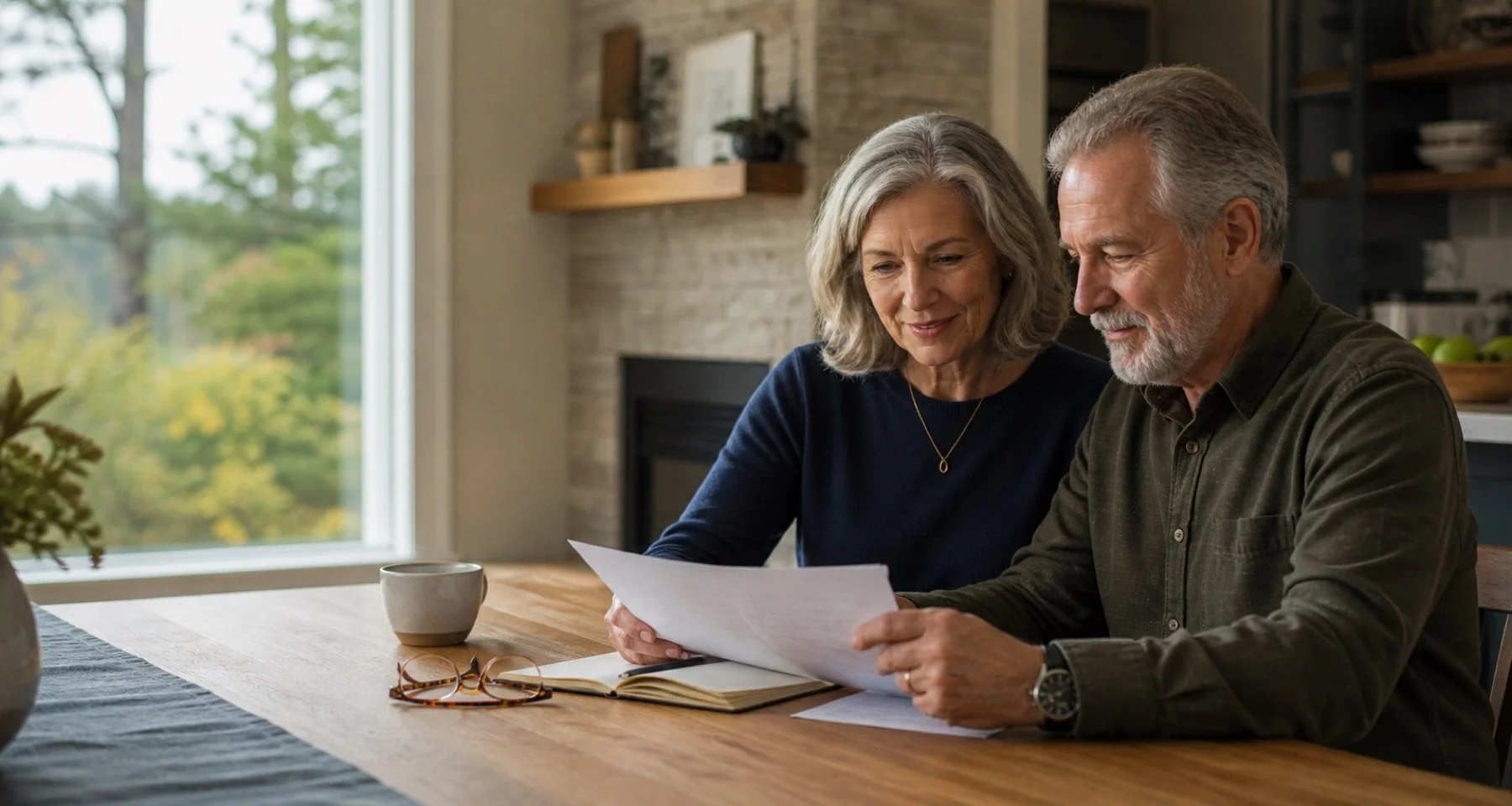 Illustrative image of an Oregon couple calmly reviewing information together at a kitchen table.