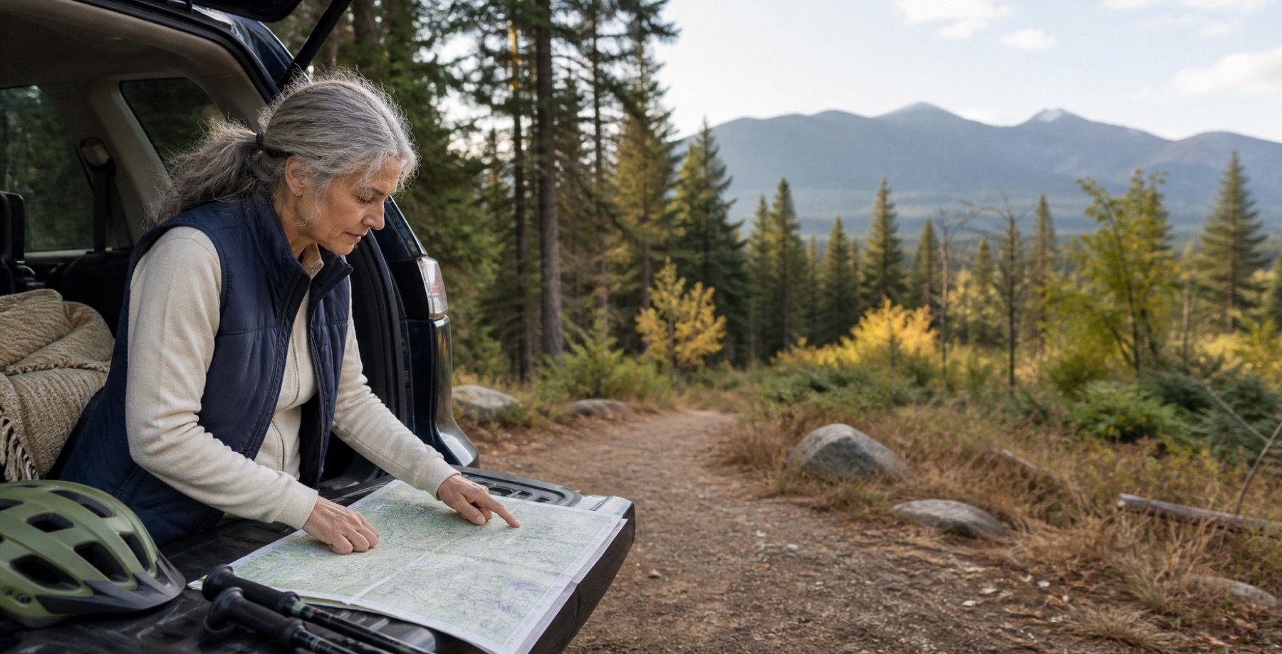 Illustrative image of an Oregon woman planning an outdoor route at a Cascade trailhead.
