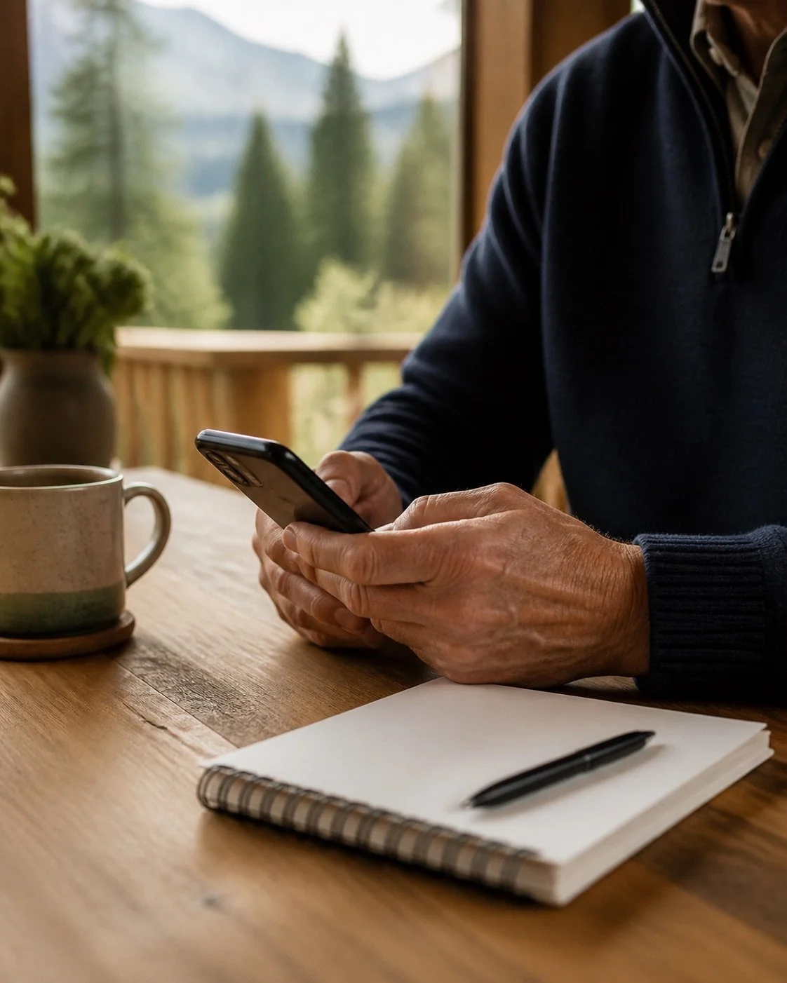 An adult holding a phone beside a notebook and mug.