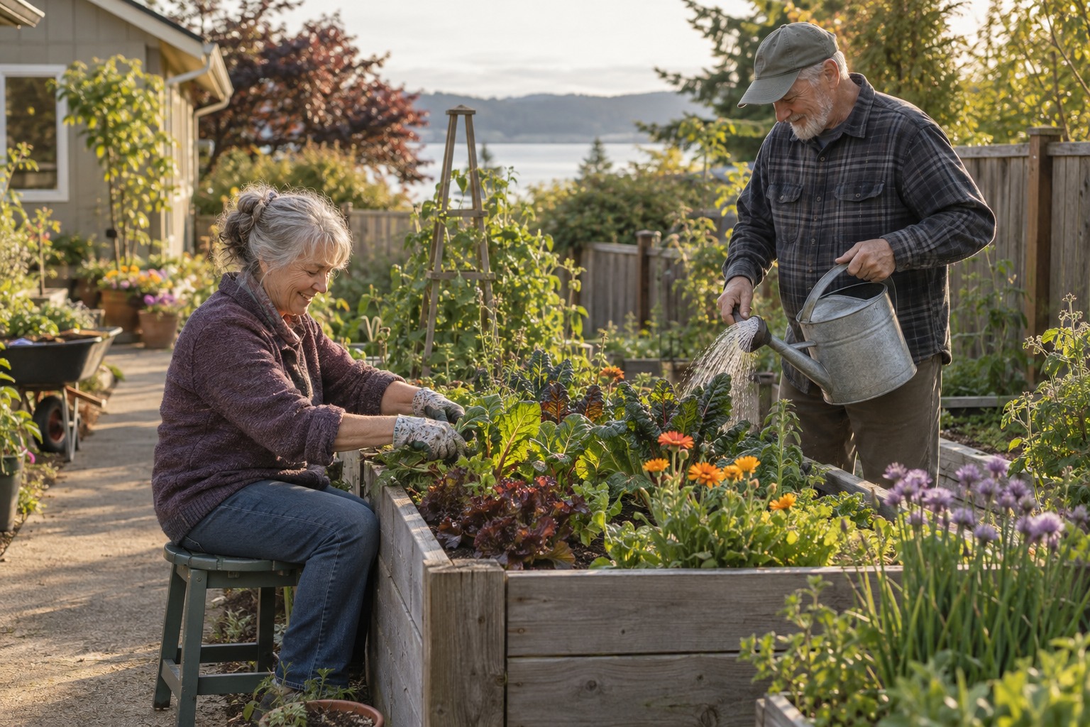 Older adults tending a raised garden bed, one seated and one standing.