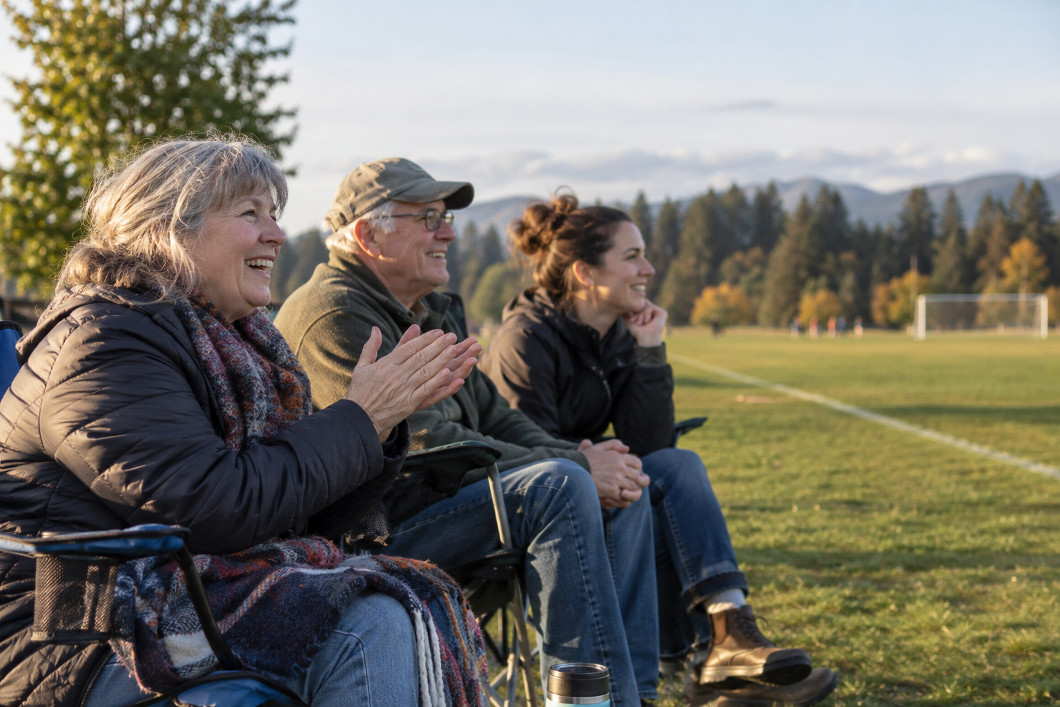 Family & neighborhood life — cheering from the sidelines together. AI-generated illustration.