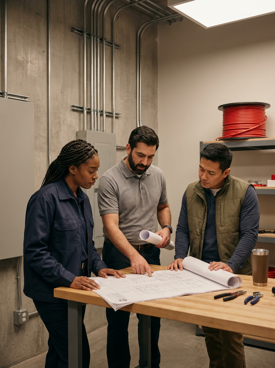 Three people examining blueprints at a workshop table in an industrial setting.