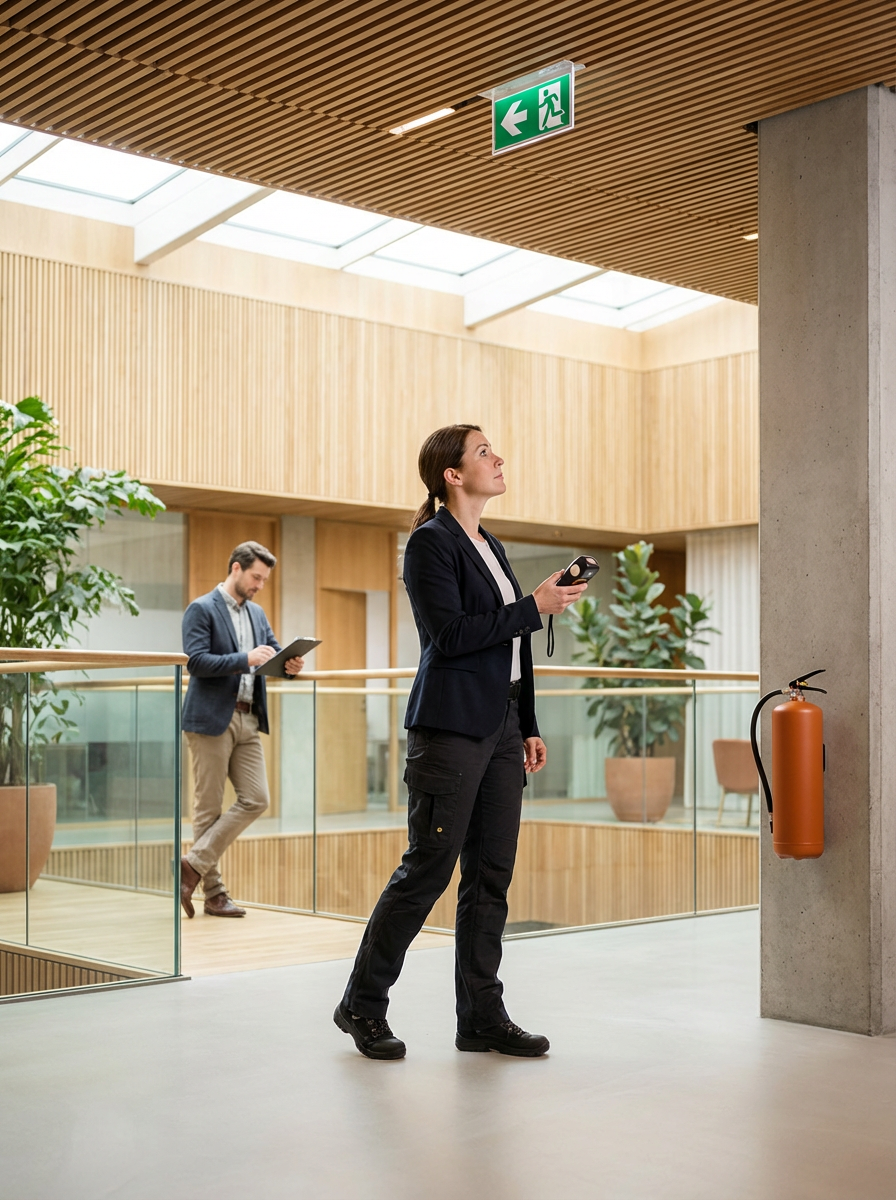 A woman standing with a tablet in hand in a modern indoor space, with a fire extinguisher on the wall nearby, and a man walking in the background, using a tablet, within a well-lit building with wooden accents and potted plants.
