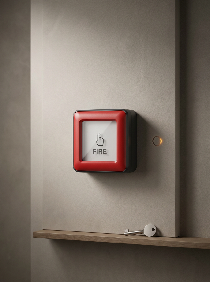 A fire alarm with a red border and a white center showing a hand pressing a button, mounted on a gray wall.