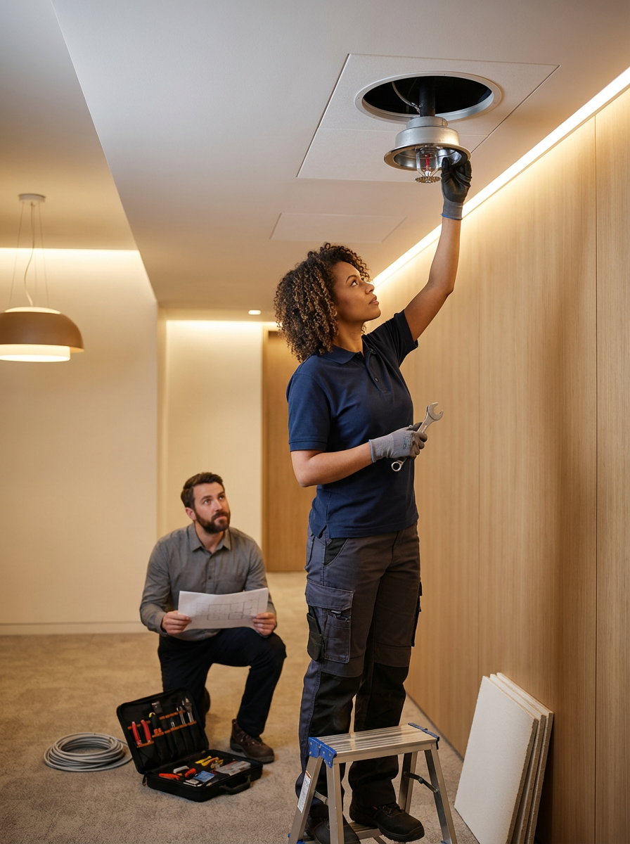 A woman installing a ceiling fixture with the help of a man holding a blueprint, in a modern room with wood-paneled walls and warm lighting.