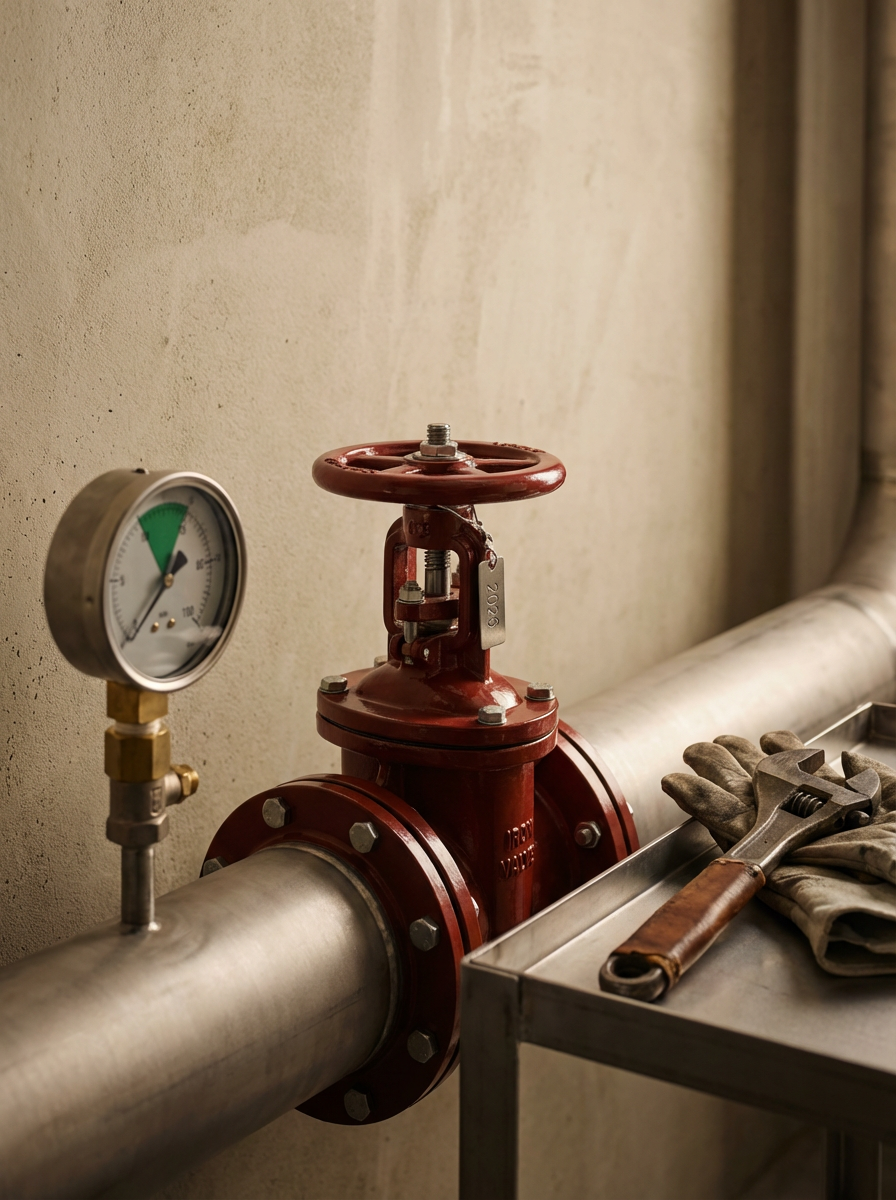 Close-up of a large industrial pipe with a red valve, a pressure gauge showing green indicating normal pressure, and a metal table with a wrench and work gloves.
