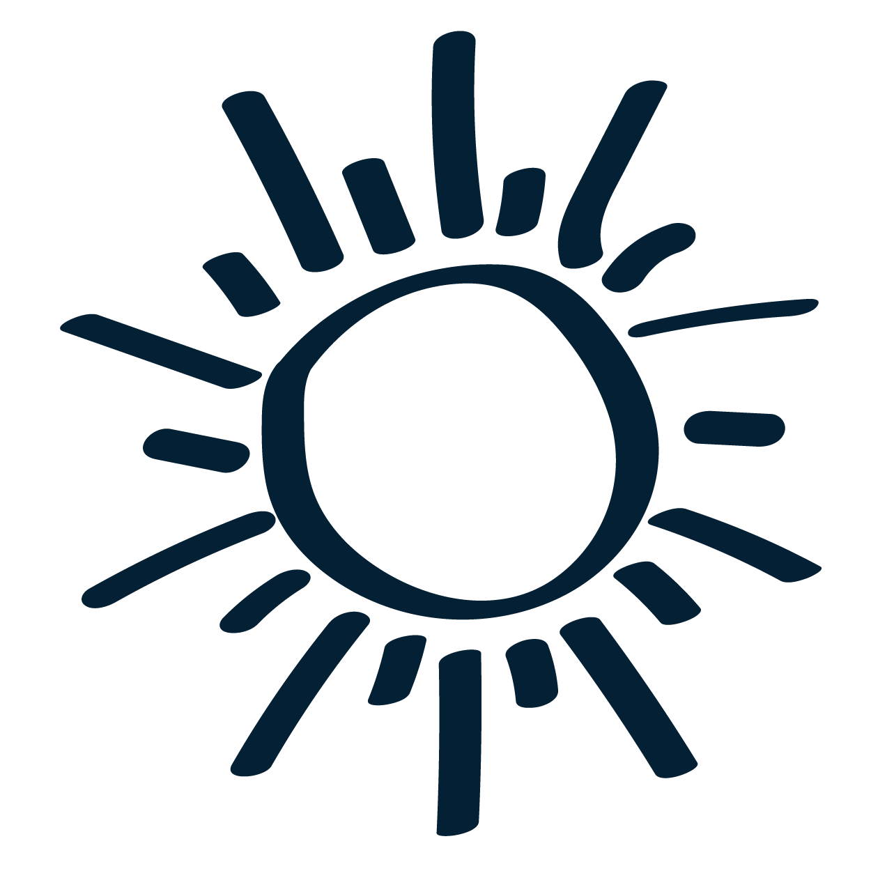 Stylized sun with a circular center and radiating rays in dark blue on black background.