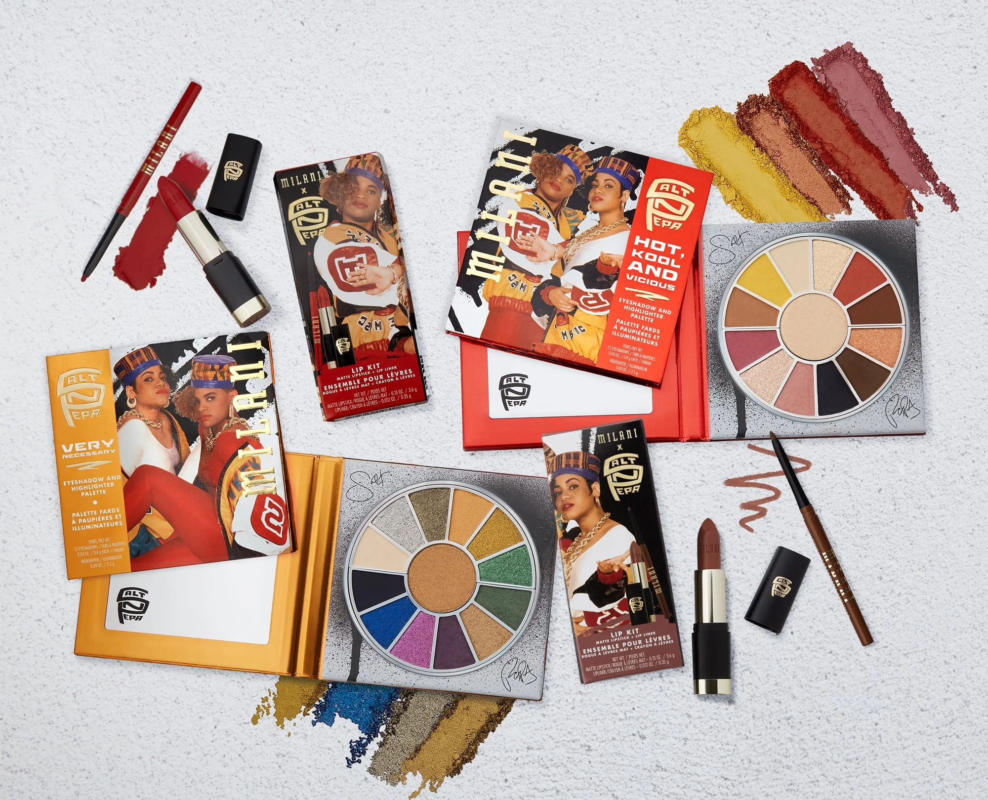 Makeup products including eyeshadow palettes, lipsticks, lip liners, and brushes, with colorful swatches on a textured white surface.