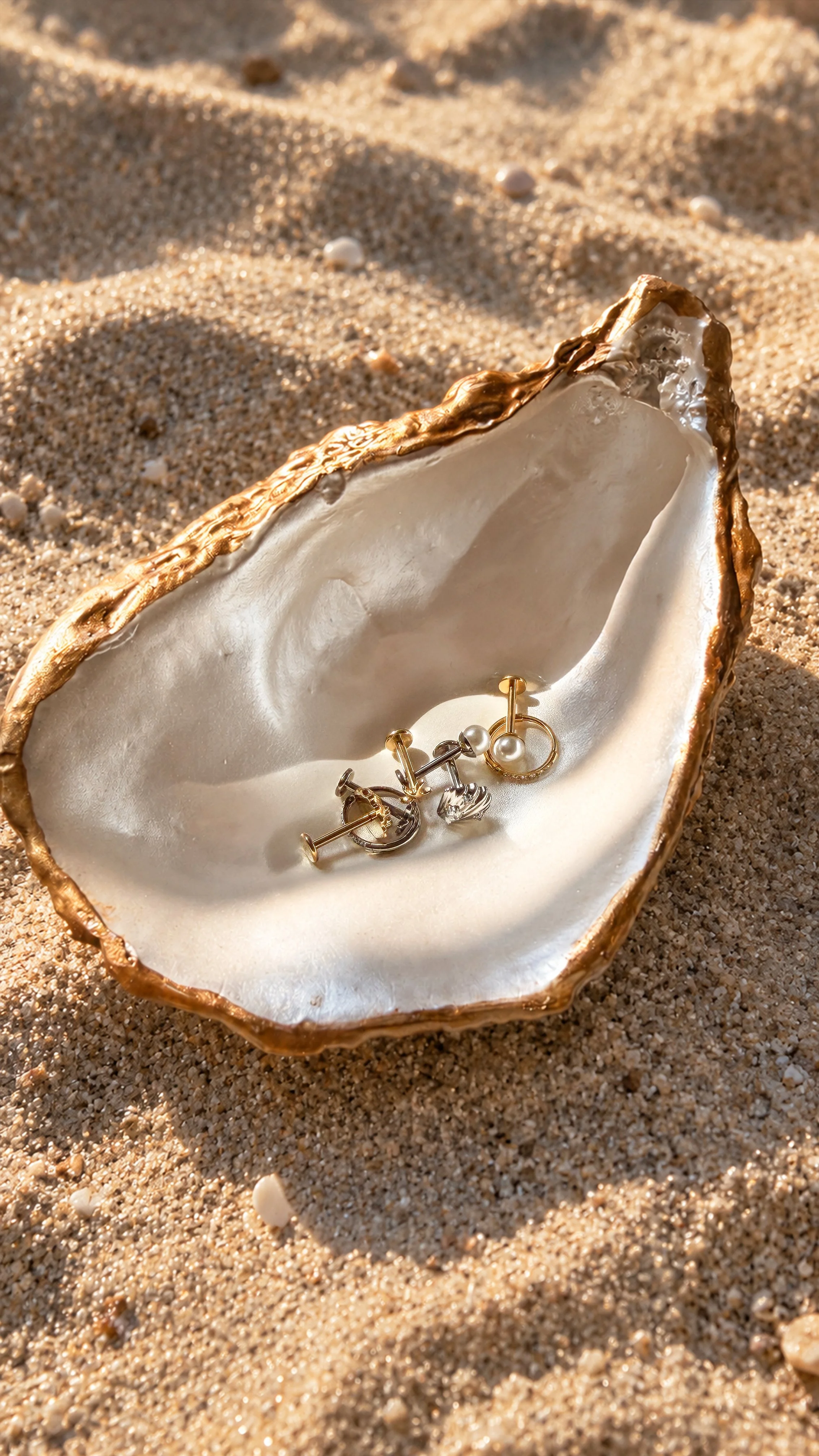 Pearl earrings inside an open oyster shell on sand.
