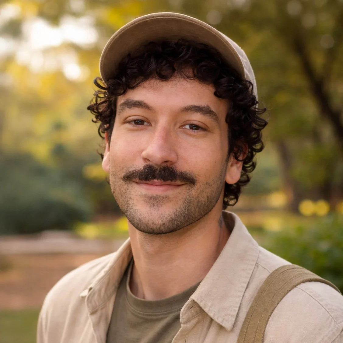 Homem sorridente com barba e cabelos cacheados, usando boné, camiseta bege e mochila, ao ar livre em um parque