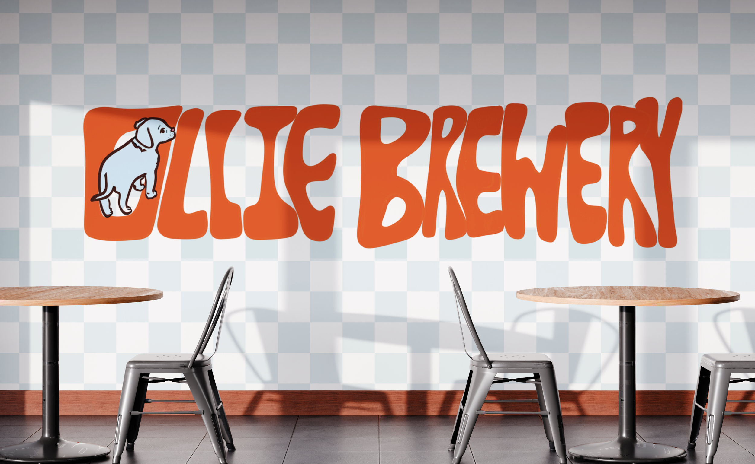 Inside of a restaurant or cafe with a table and chairs, and a wall with a sign that says 'YES PLEASE!' in orange, stylized text with a dog illustration on it.