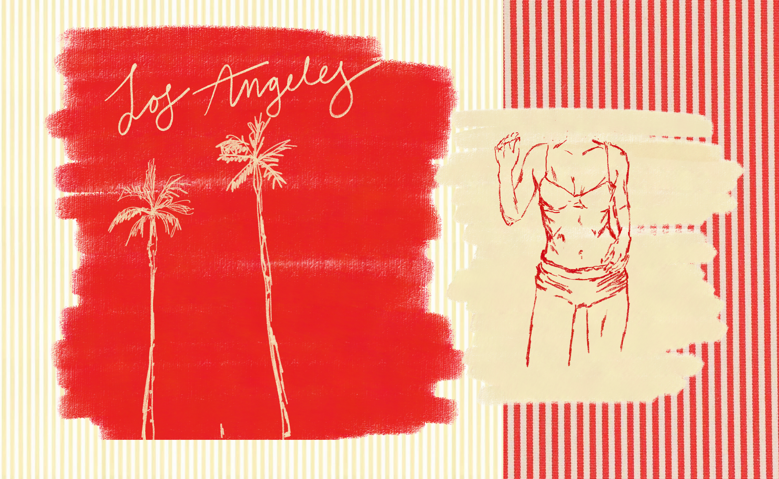 Vintage-style collage featuring a red background with the text "Los Angeles" in cursive, a sketch of palm trees, and an outline of a woman in a bikini with hand raised, against a backdrop of red and beige striped patterns.