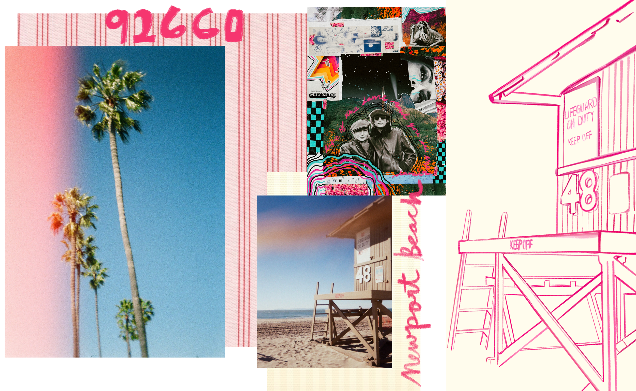 A collage with images of palm trees, a lifeguard tower on the beach, photos of people, and various colorful graphic elements, with pink text and illustrations, including the number 48 and the phrase "LIFEGUARD ON DUTY KEEP OFF."