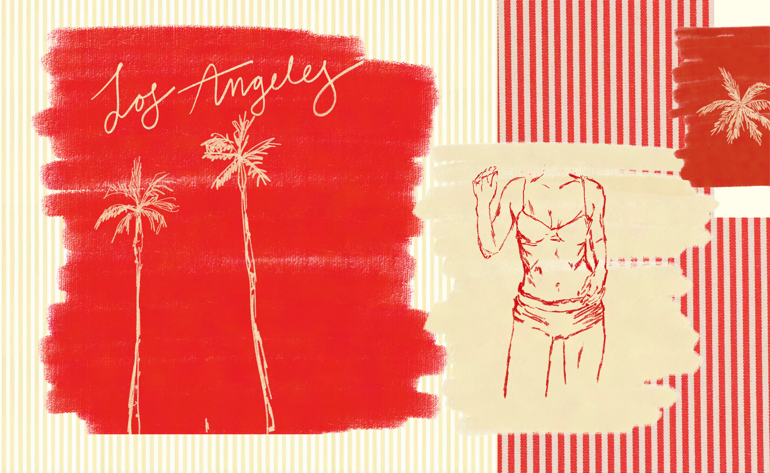 Red background with white text that says 'Los Angeles' and outline drawings of two palm trees. Part of a drawing of a woman in a tank top and shorts is visible.