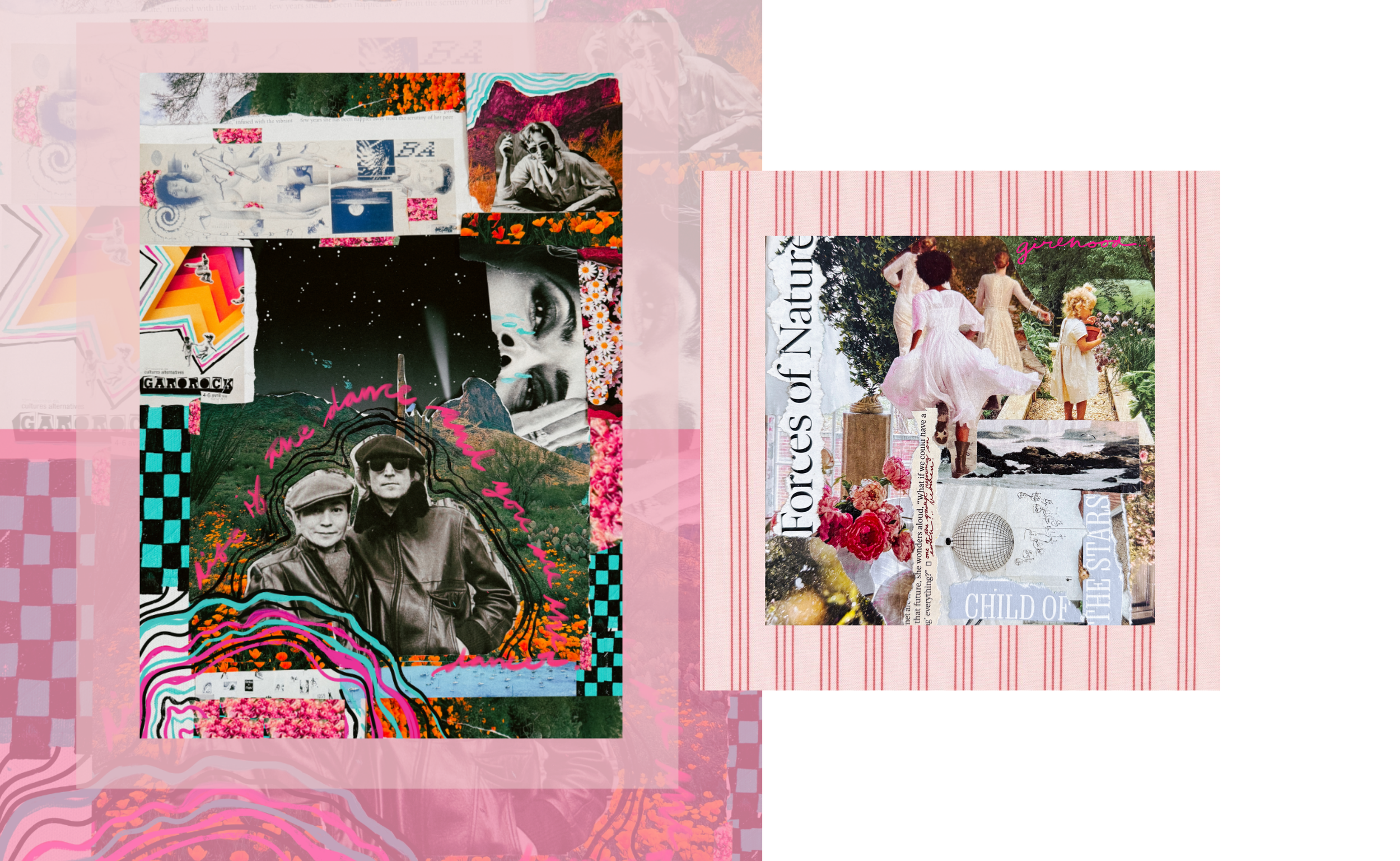 Collage of various images including people, nature, and graphic elements, with layered textures and vibrant colors.