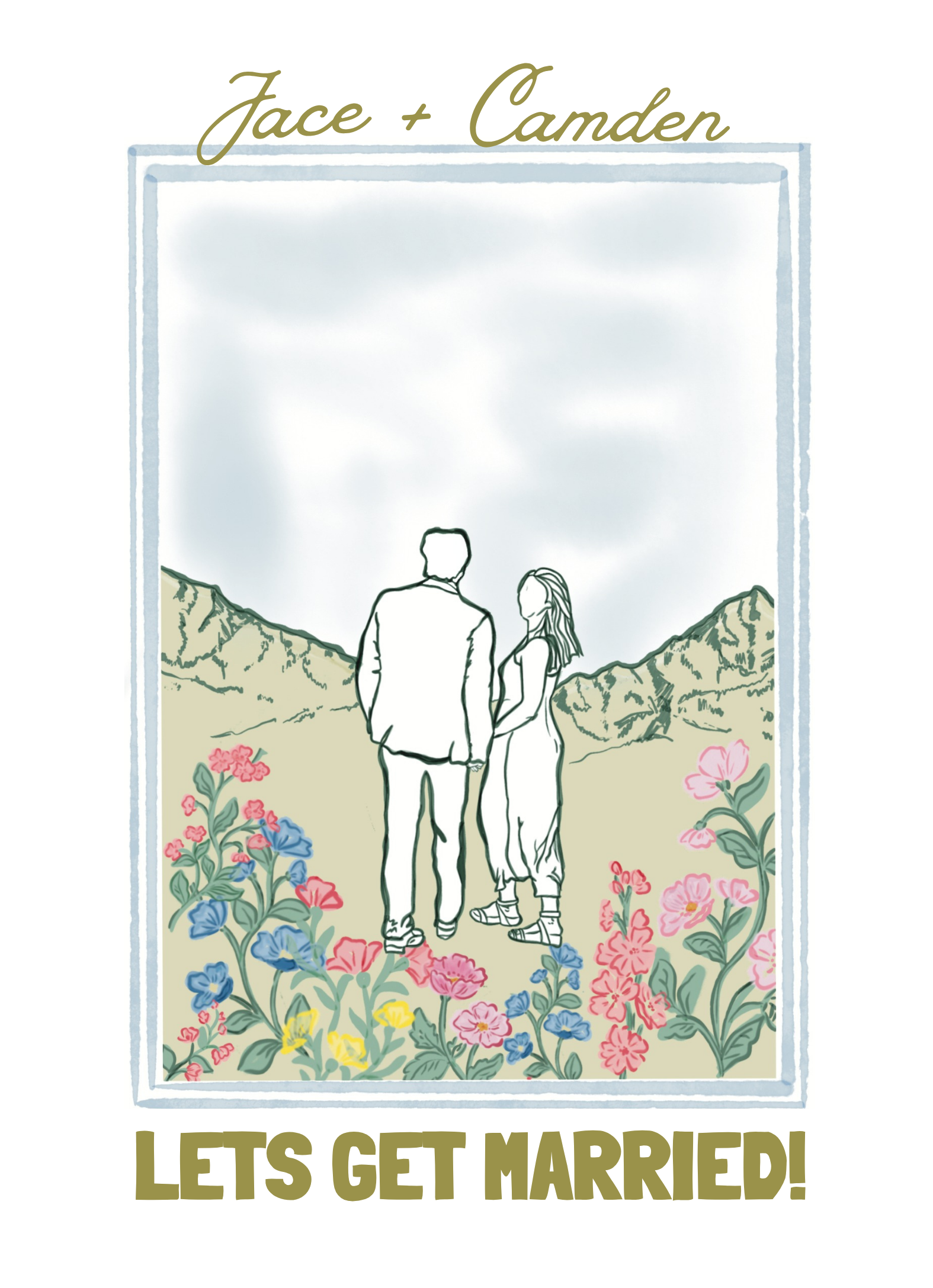 A wedding invitation with cartoon style illustration of a bride and groom holding hands, standing on colorful flowers with mountains in the background. Text reads 'Jace + Camden' and 'Let's Get Married!'