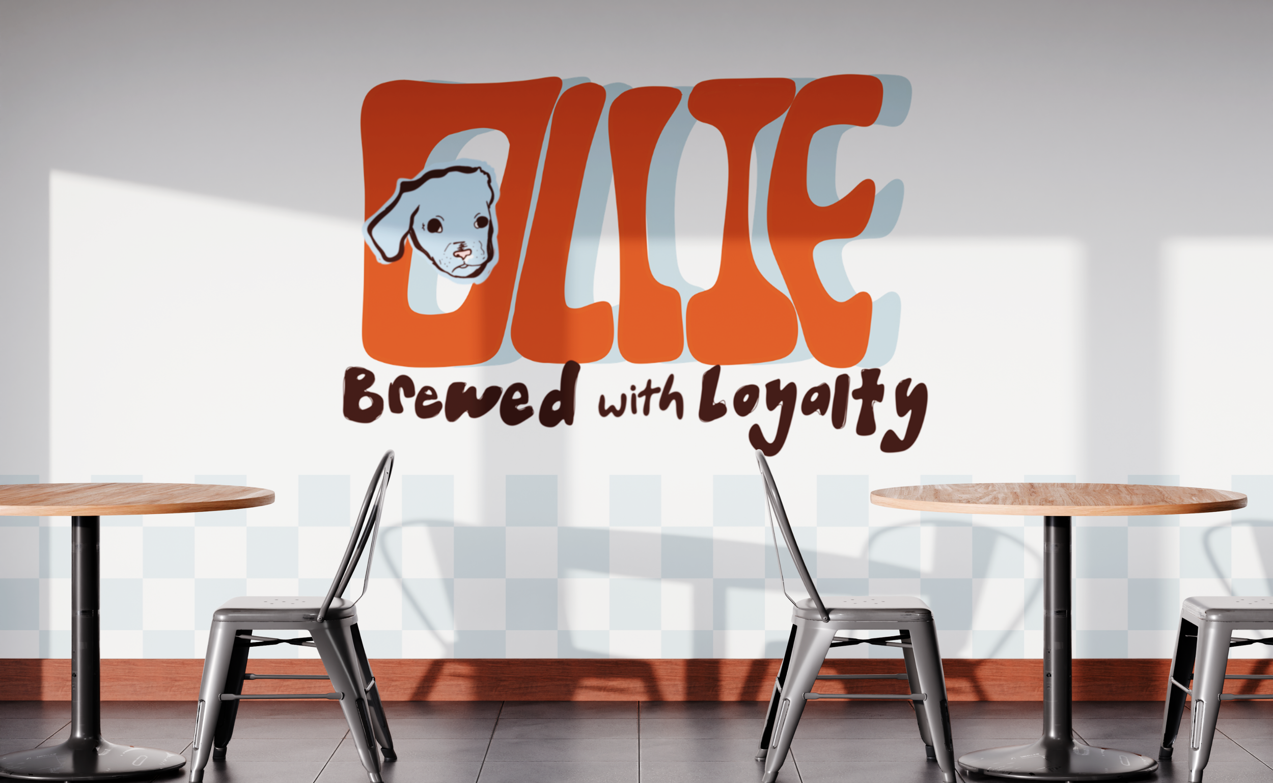 A wall mural with the word "Pup" in large orange letters and a drawing of a puppy's face, with the phrase "Brewed with Loyalty" in black at the bottom.