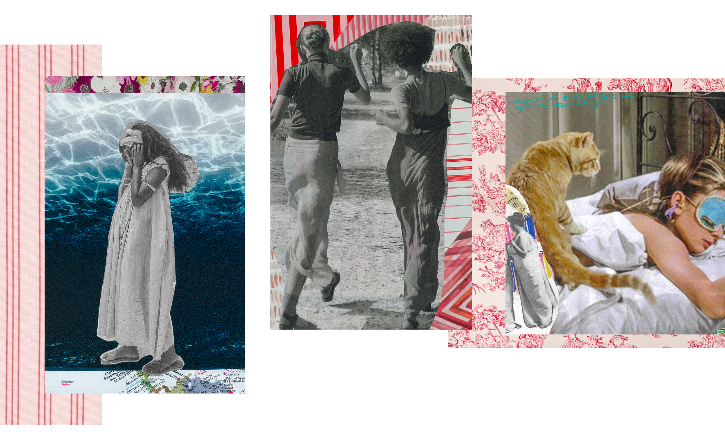 A collage featuring three distinct scenes: a black-and-white image of a young girl in a long dress standing by a body of water, a black-and-white photograph of two women walking outdoors with umbrellas, and a woman with glasses lying on a bed with a 