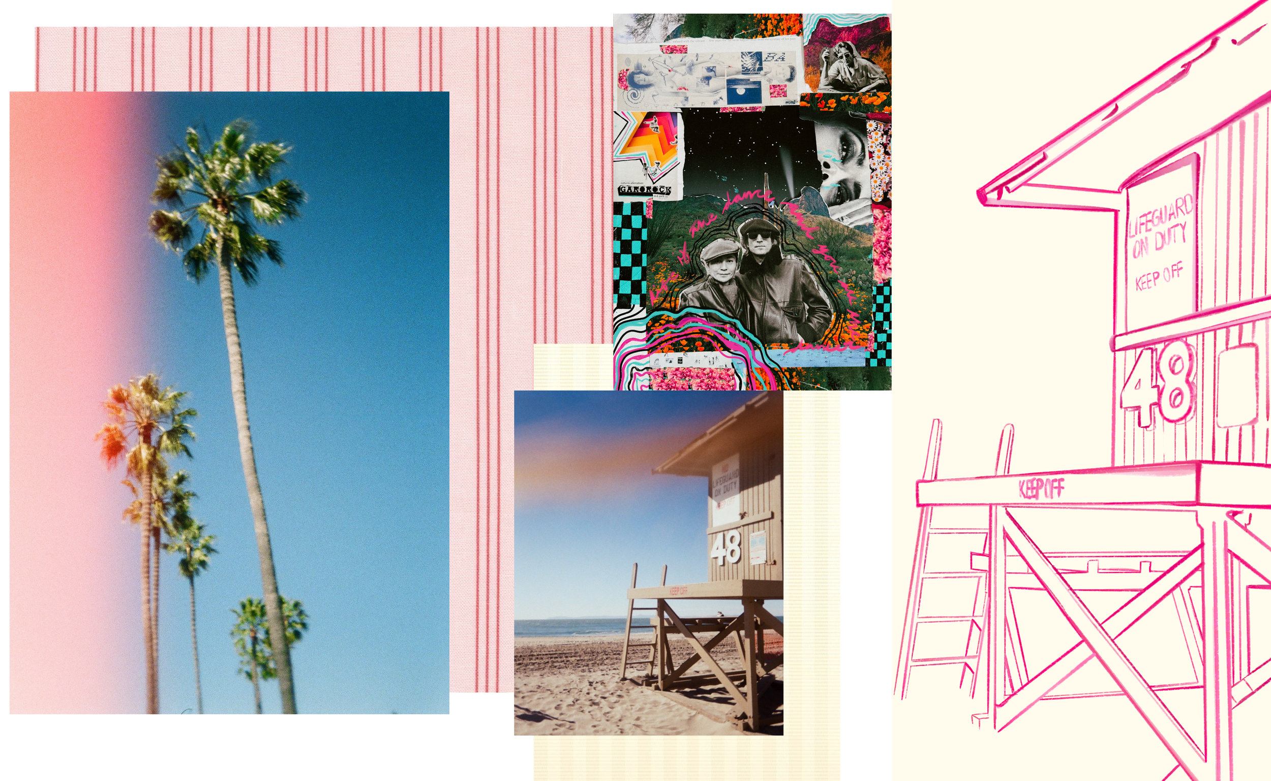 Collage of images including palm trees against blue sky, a lifeguard tower with a sign that reads "LIFEGUARD ON DUTY KEEP OFF," a vintage photo of two children, and abstract and artistic elements in a mixed-media style.