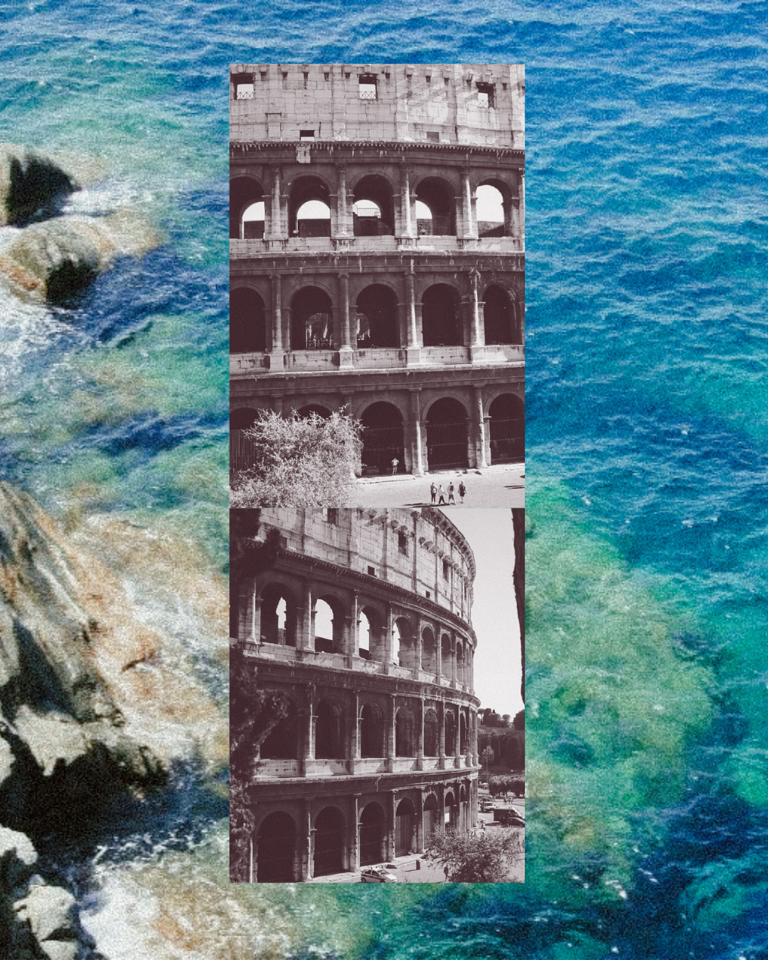 Comparison of two black and white photos of the Colosseum in Rome, Italy, with a colorful ocean background.