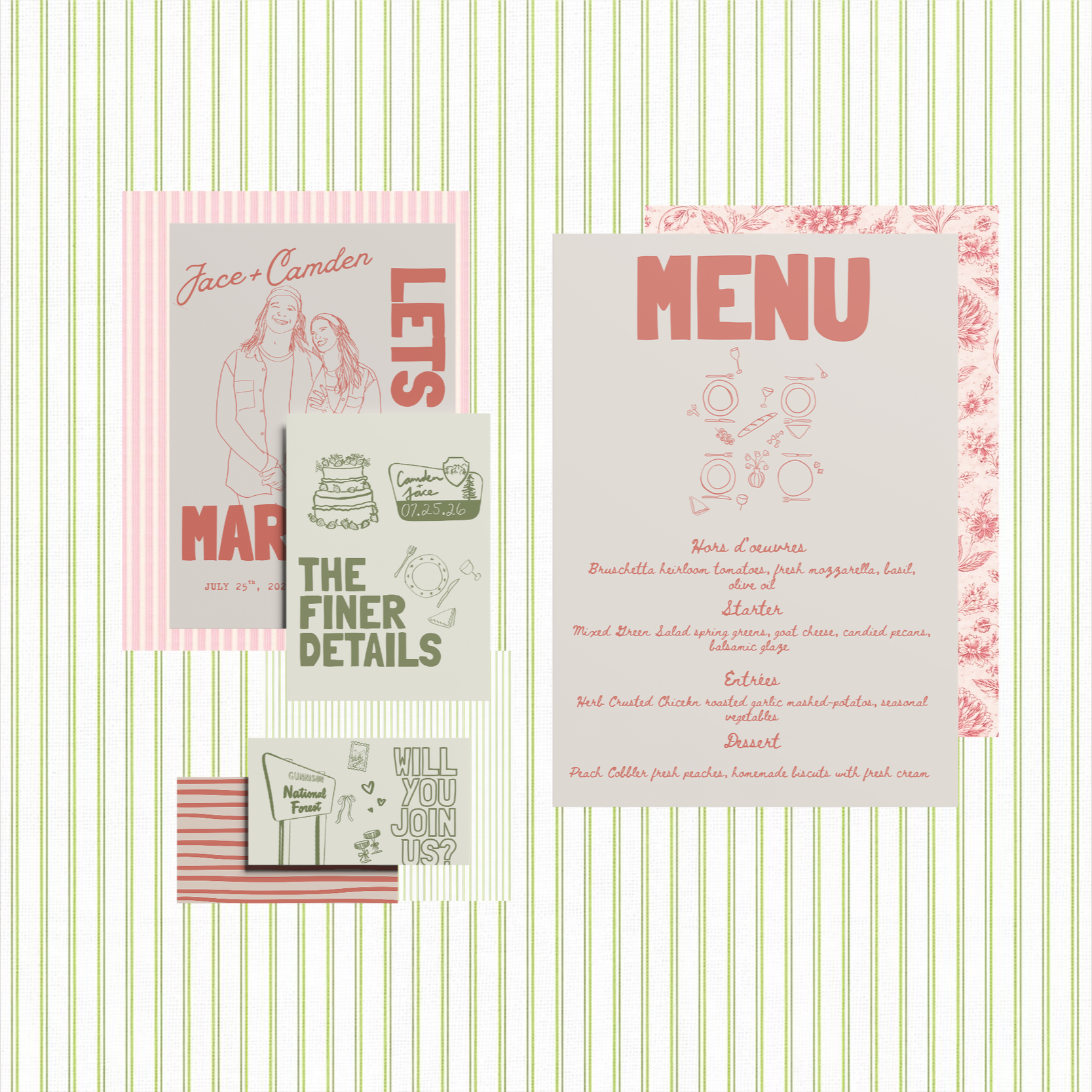 A collection of various printed papers and menus with floral and striped patterns, featuring handwritten and illustrated designs on a green and white striped background.