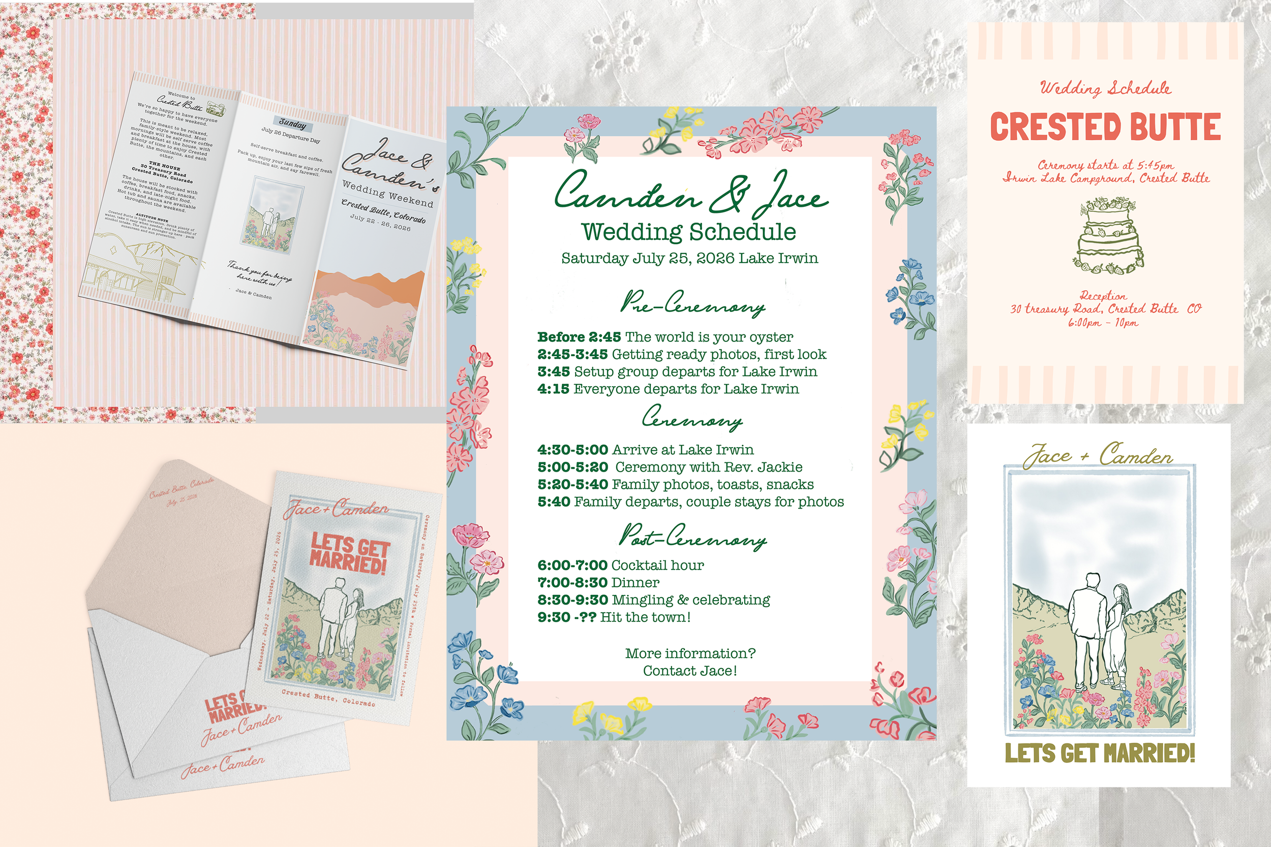 A collection of wedding-related printed materials, including a wedding schedule, invitations, and RSVP cards, featuring floral and pastel designs with embroidered backgrounds.