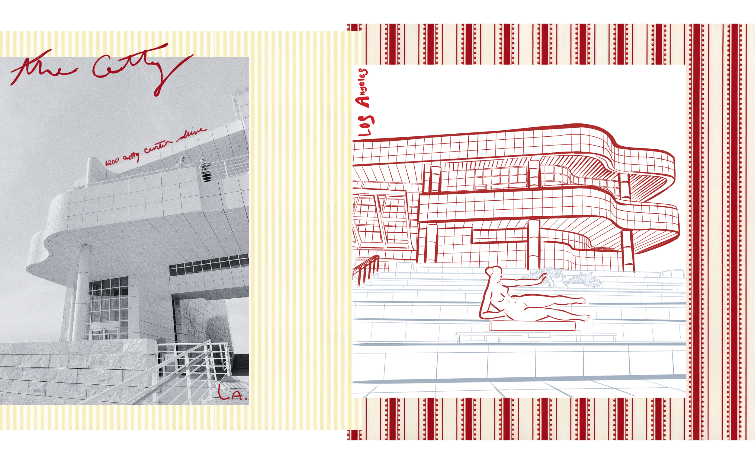 A black and white photo of the Watts Towers in Los Angeles, with handwritten red text overlay that reads 'the city' and '1200 Eathy Court, drive'. To the right, a red line drawing of a modern building with large glass windows and a woman in a yoga po