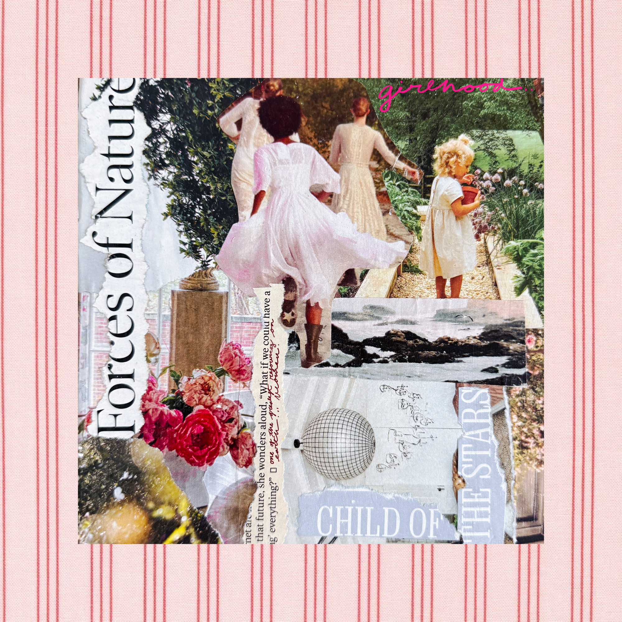 Collage of magazine cutouts depicting women in vintage dresses, a blooming garden with pink peonies, a wireframe sphere, and handwritten text on a pink striped background.