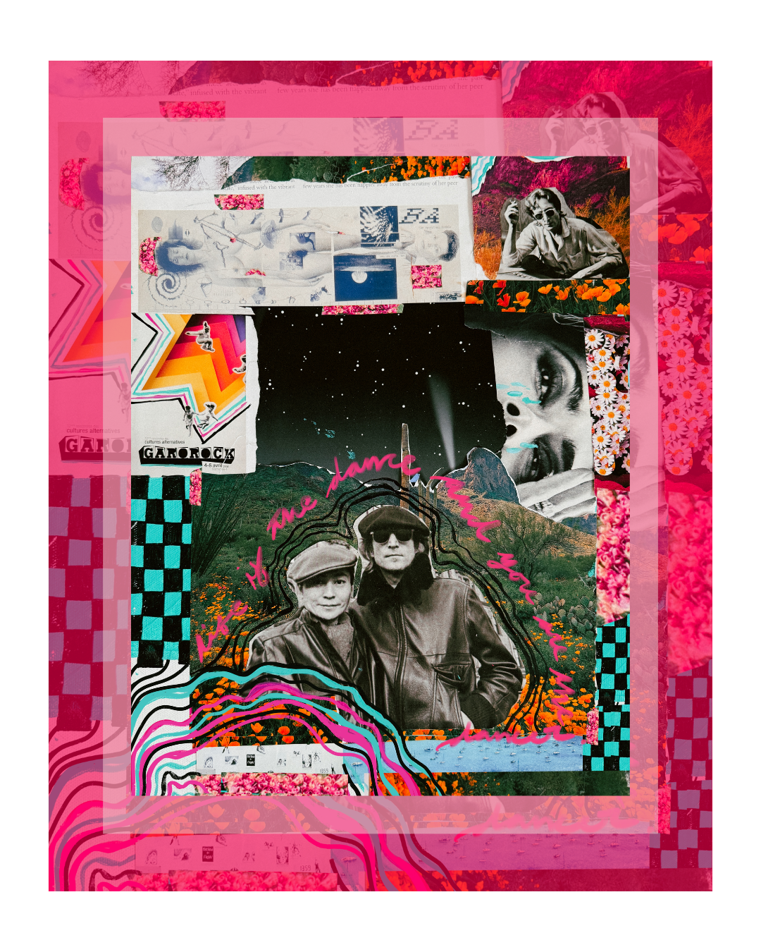 Collage of vintage and modern images including people, nature, abstract patterns, and handwritten text in vibrant colors, predominantly pink.