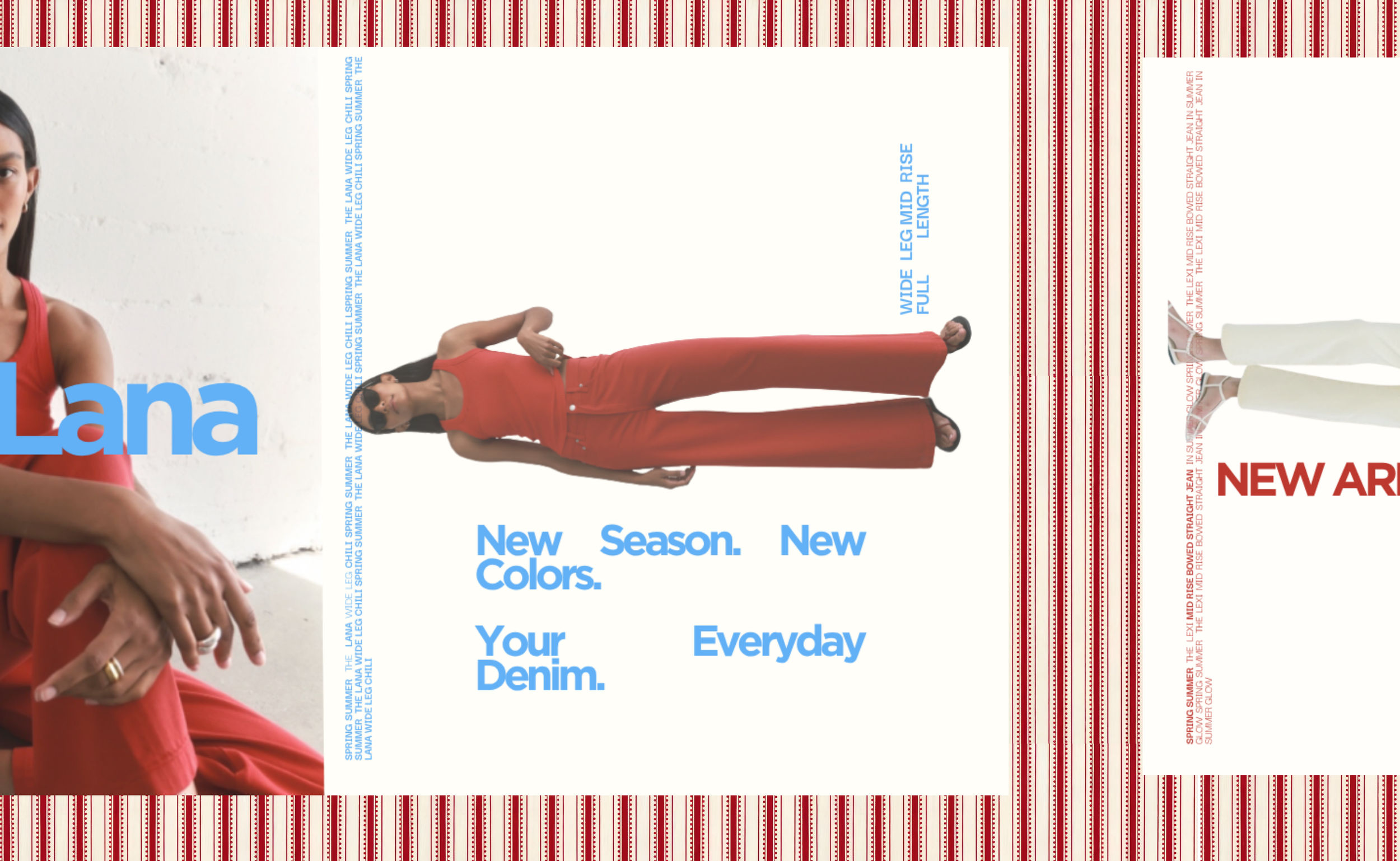 Fashion magazine page featuring a woman in a red outfit, with text promoting new colors and styles for everyday denim, and advertisements with red and white patterned borders.