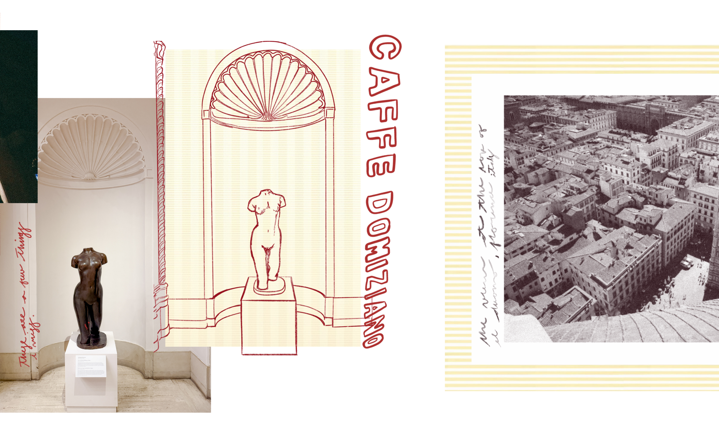 A museum display featuring a bronze statue of a woman, a sketch of a woman facing away, and archival photographs of a cityscape.
