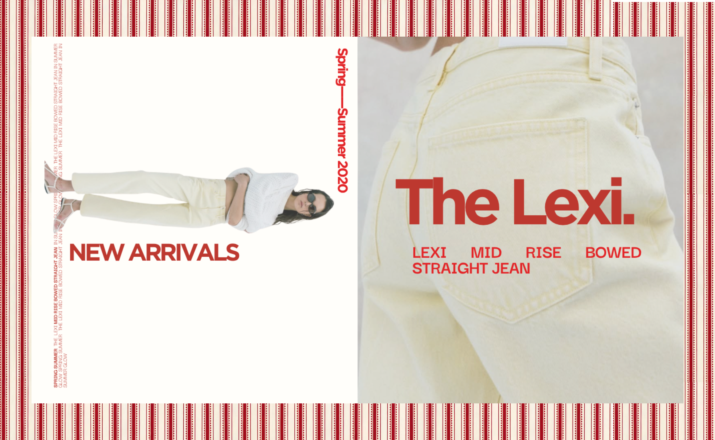 Fashion magazine cover featuring a woman in yellow pants and sunglasses, with large red text 'The Lex' and a close-up of yellow jeans on the right side, surrounded by red and white striped border.