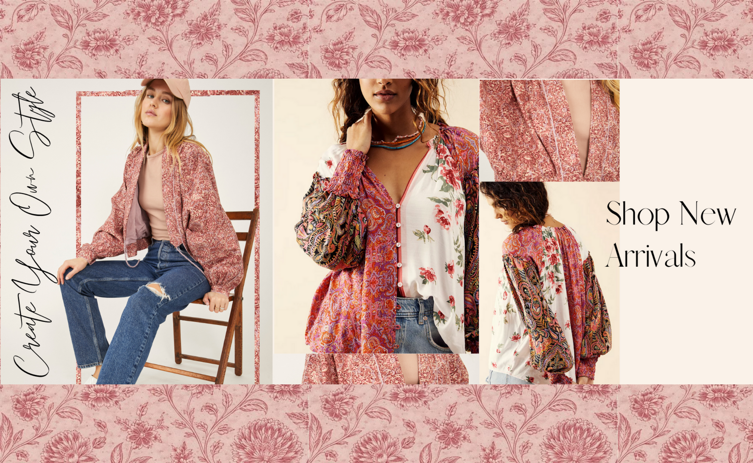 Collage featuring women modeling new clothing arrivals, including patterned blouses, jackets, and casual wear, with text "Shop New Arrivals" and decorative floral background.