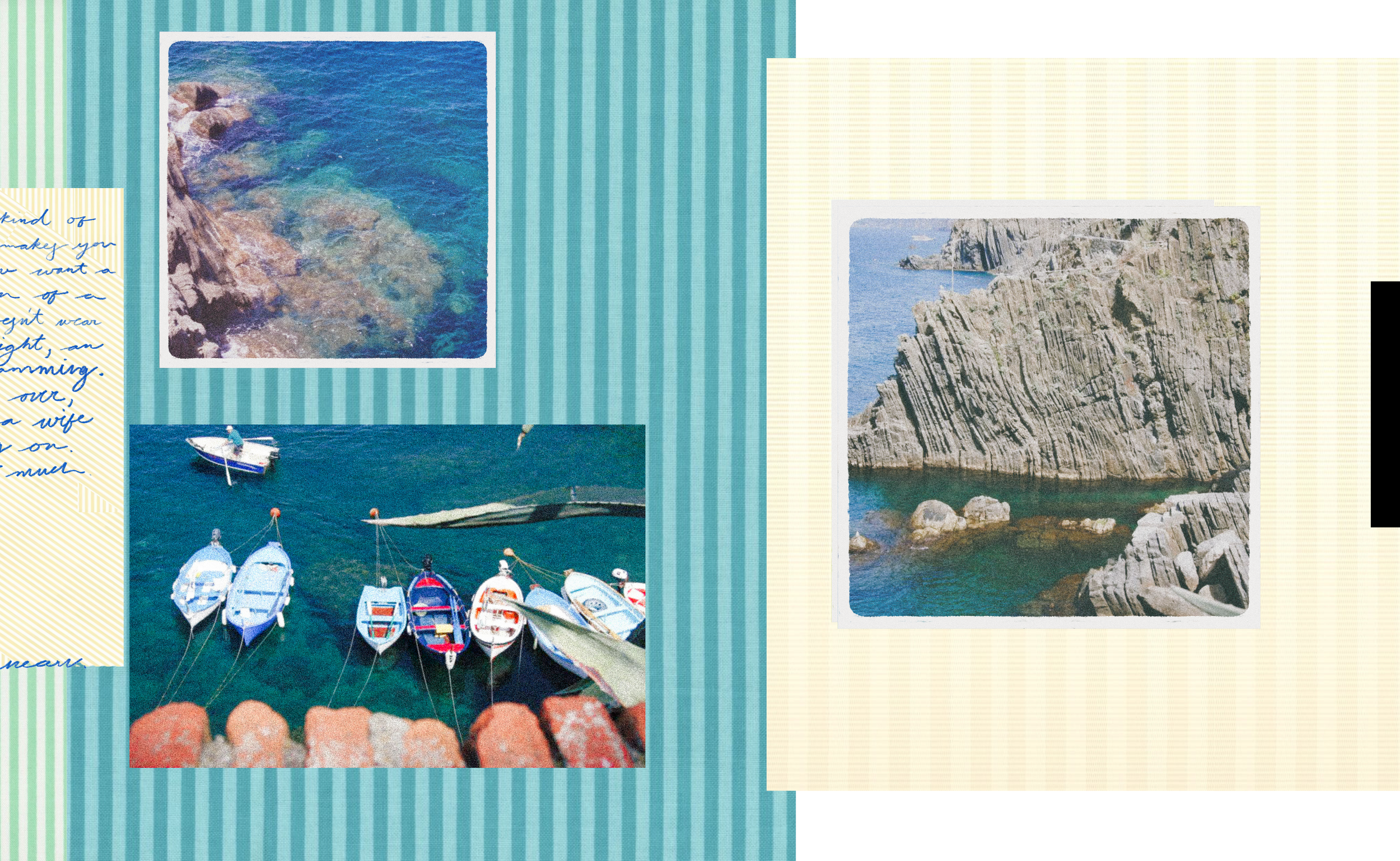 Collection of vacation photos including boats on the water, rocky cliffs, and handwritten notes on striped backgrounds.