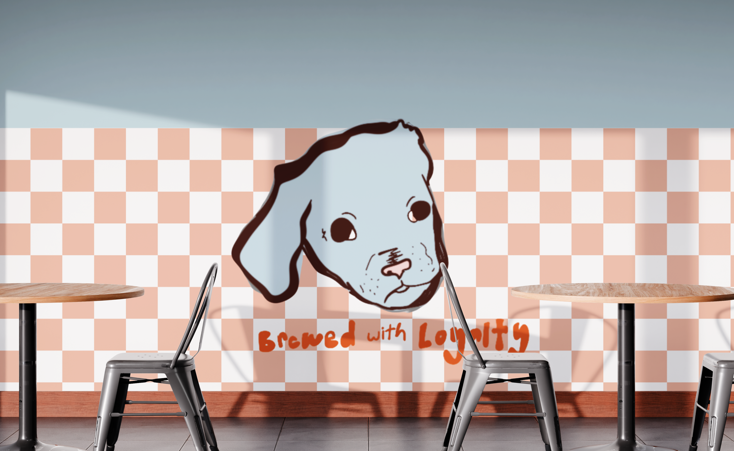 Photo of a cafe or restaurant with a colorful checkered wall, two wooden tables, and two chairs. There is a drawing of a dog's face on a sign or wall, with the words 'Brewed with Loyalty' written below it.