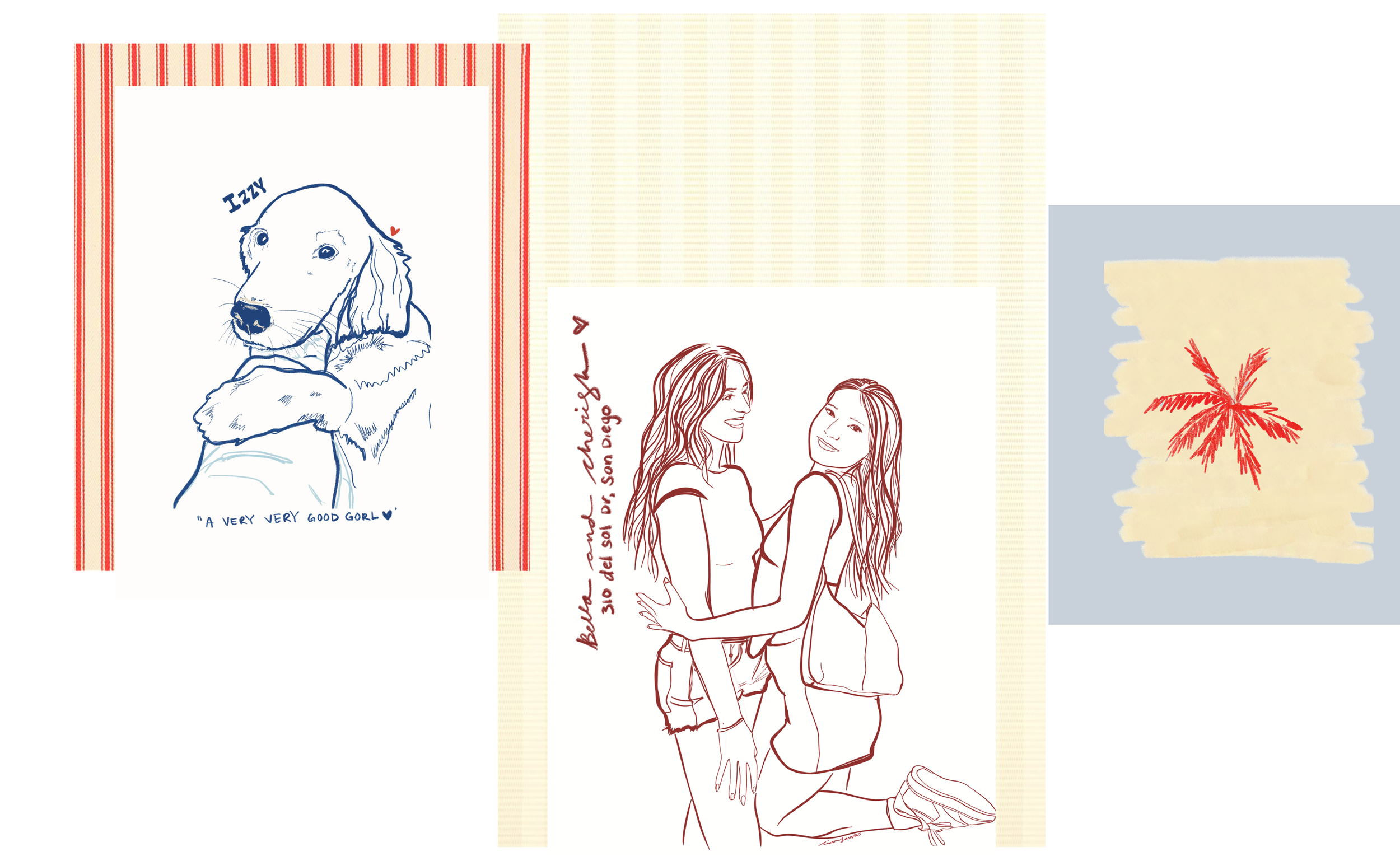 Three different art pieces, including a dog illustration with a quote, a line drawing of two women, and an abstract drawing of a red plant or flower, arranged on a light background.