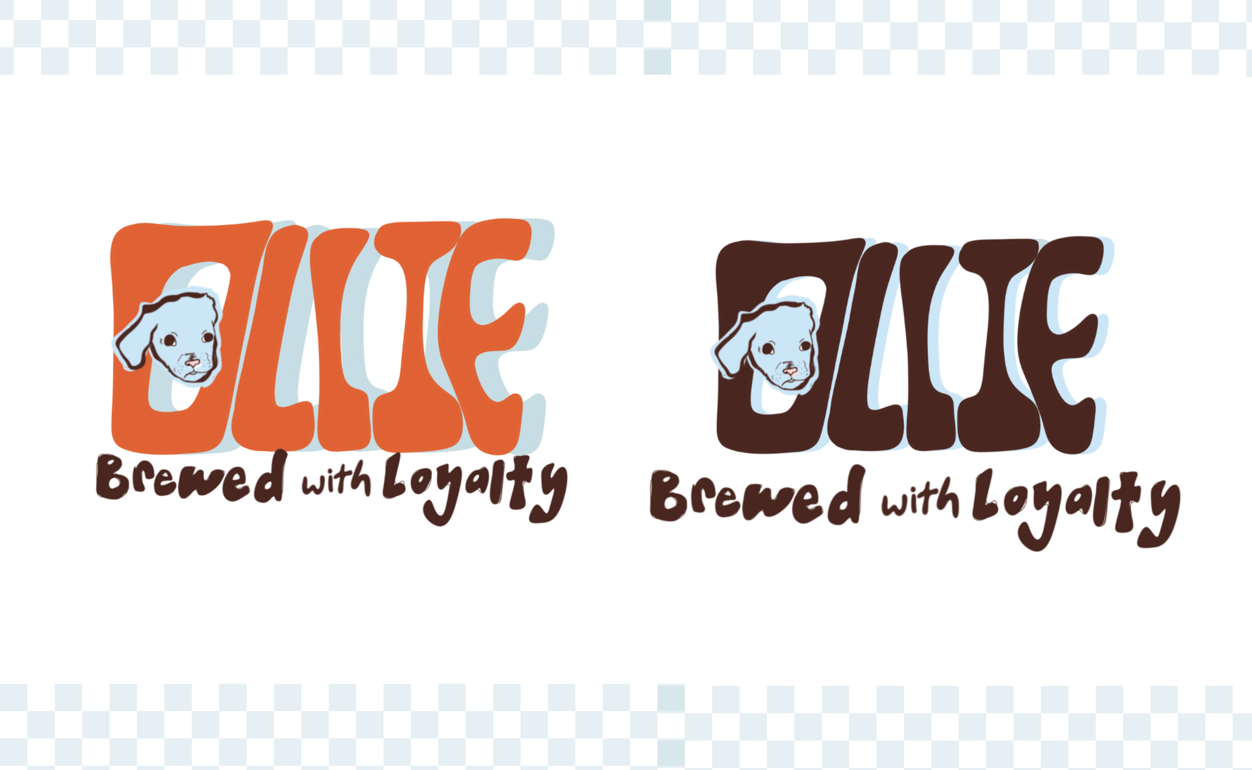 Two logo designs with the word 'PLUTO' in bold, stylized letters. The left logo has orange letters with a dog face inside the letter 'T'. Below, it says 'Brewed with Loyalty' in black handwritten font. The right logo has brown letters with the same d