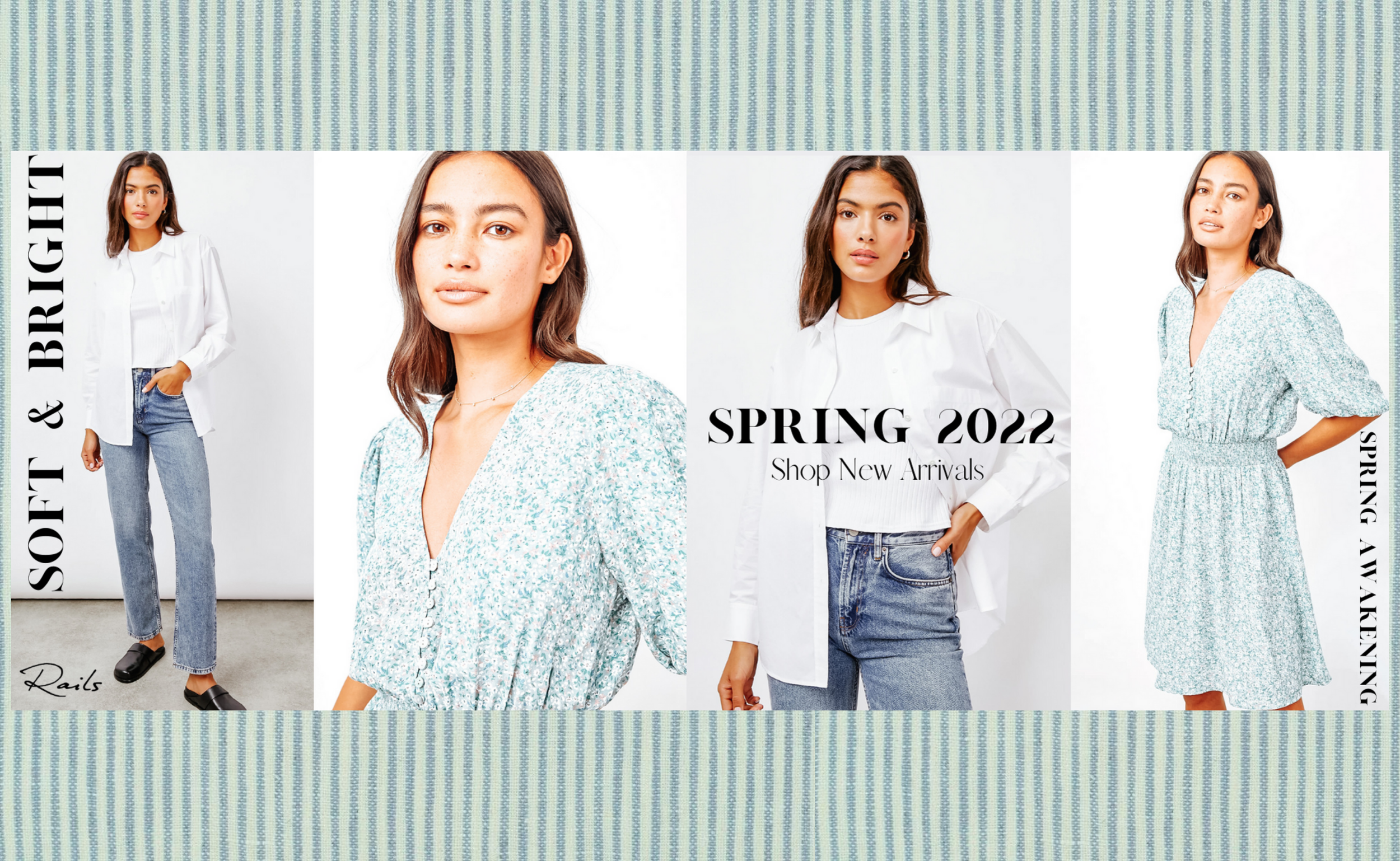 A fashion advertisement featuring two women modeling spring clothing. The left woman wears a white shirt and blue jeans, while the right woman wears a white blouse with blue jeans. The background is plain white, and text reads 'Spring 2022 Shop New A