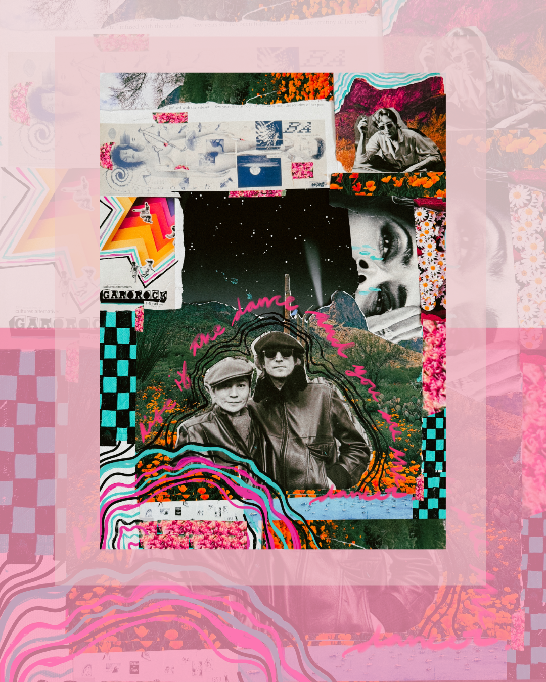 Collage featuring vintage photos of two people in leather jackets, a black-and-white starry night sky, colorful abstract patterns, and floral elements, with handwritten text that says "we the dance" and "the dance".