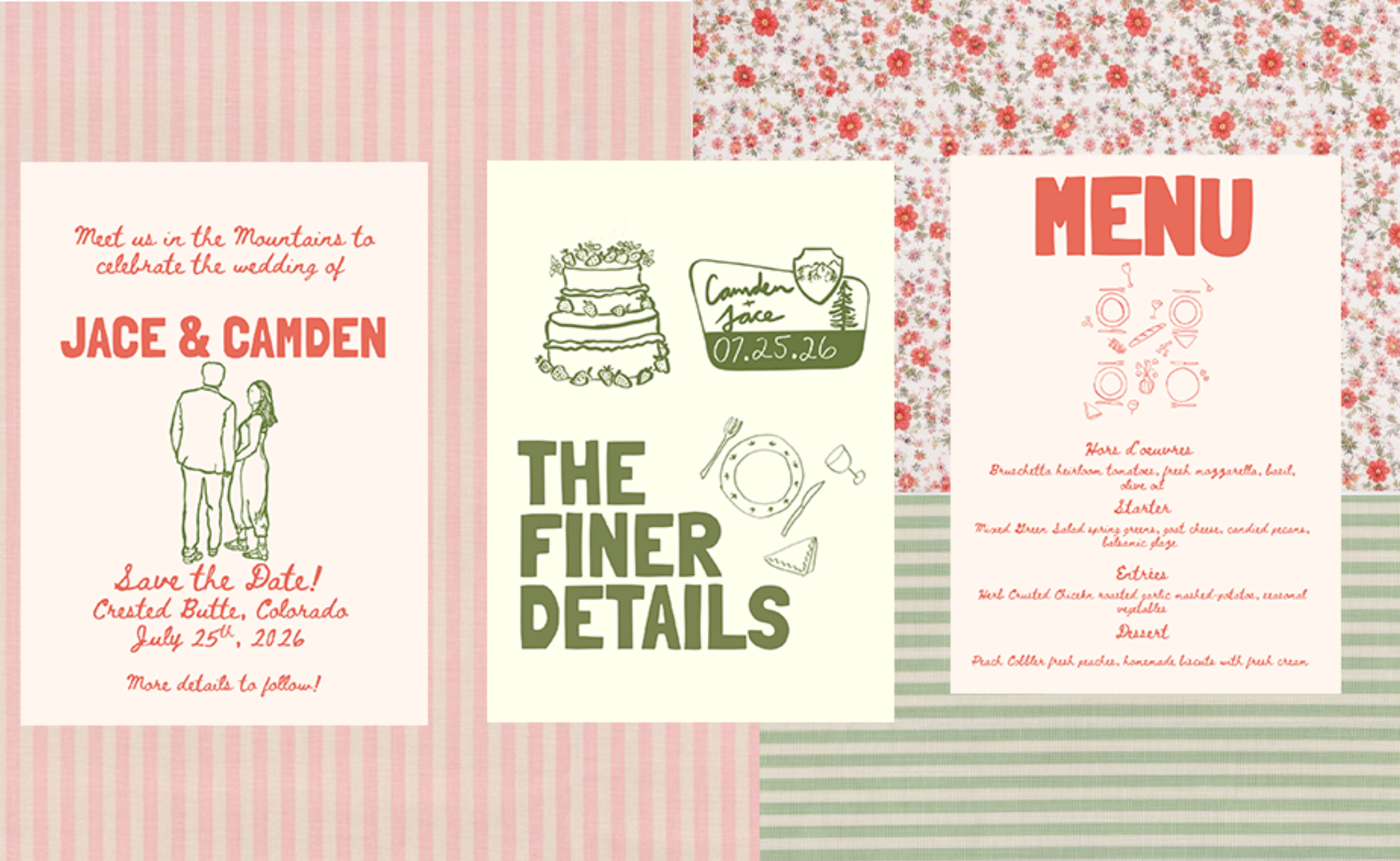 A collage of three wedding-themed cards with floral and striped patterns. The first card has a date and a couple holding hands with the text 'Meet us in the Mountains to celebrate the wedding of Jace & Camden.' The second card features a cake drawing