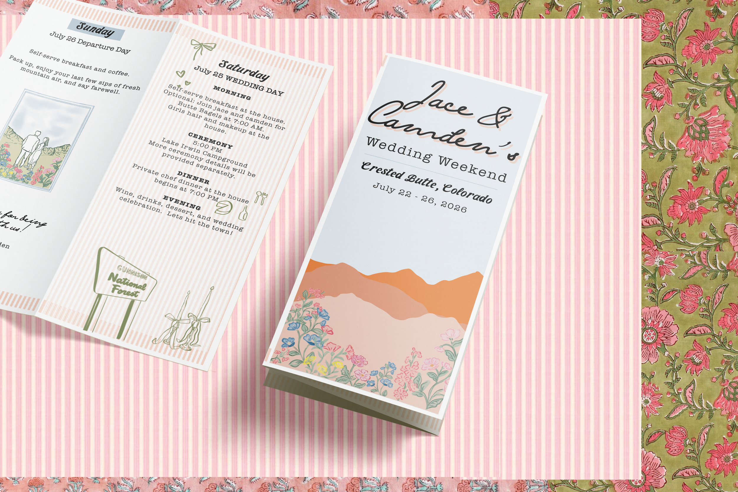 Set of wedding and event programs on pink and floral patterned backgrounds.