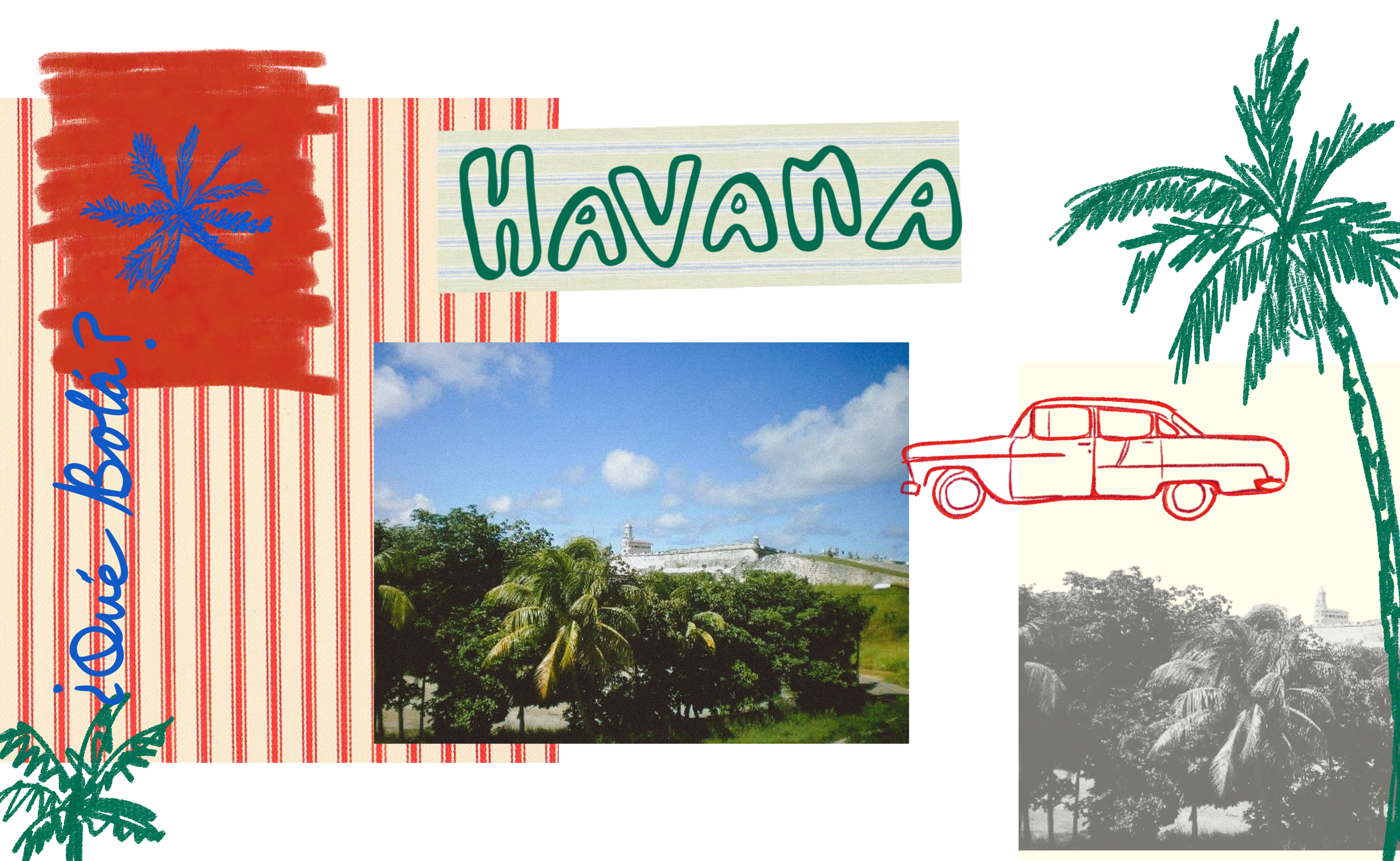 Collage of Hawaiian-themed illustrations and photographs, including palm trees, a vintage car sketch, a scenic landscape of a fortress with trees, and colorful text reading 'Hawaii' and 'Aloha'.