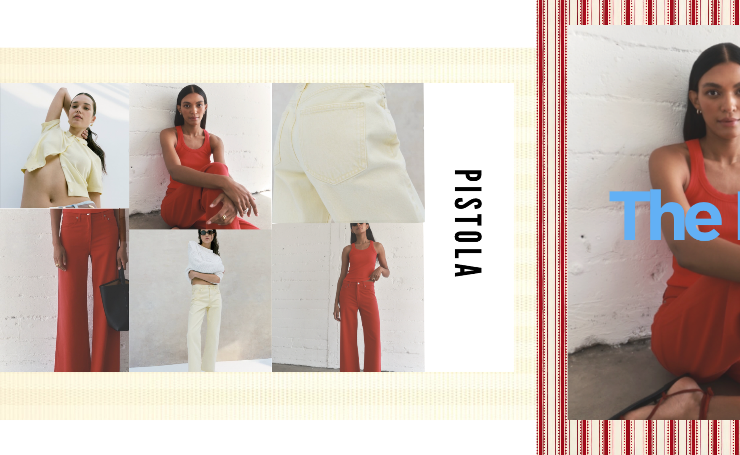 A collage of fashion photos featuring women in colorful clothing, along with partial text that reads 'The' and vertically aligned text 'PISTOLA'.