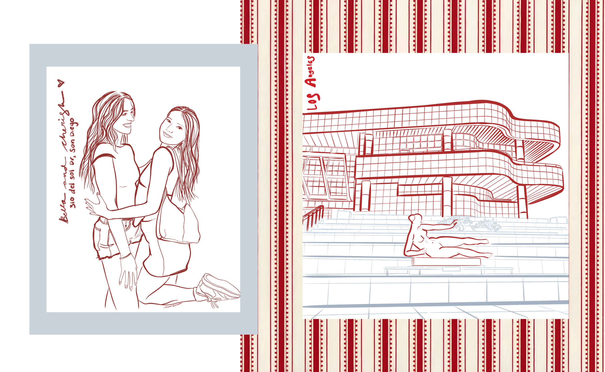 Sketches of people and architecture, including two women smiling, a modern building with steps, and a person lounging by a fountain.